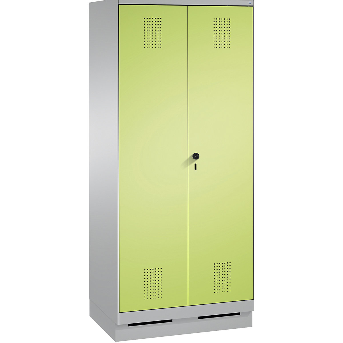 EVOLO cleaning supplies / equipment cupboard – C+P, short central partition, 6 hooks, compartments 2 x 400 mm, with plinth, white aluminium / viridian green-15