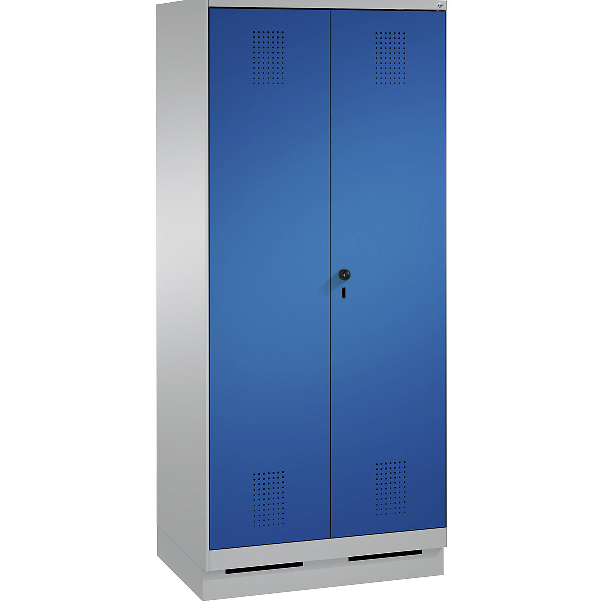 EVOLO cleaning supplies / equipment cupboard – C+P, short central partition, 6 hooks, compartments 2 x 400 mm, with plinth, white aluminium / gentian blue-10