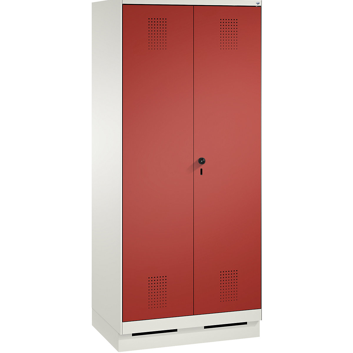 EVOLO cleaning supplies / equipment cupboard – C+P, short central partition, 6 hooks, compartments 2 x 400 mm, with plinth, traffic white / flame red-16