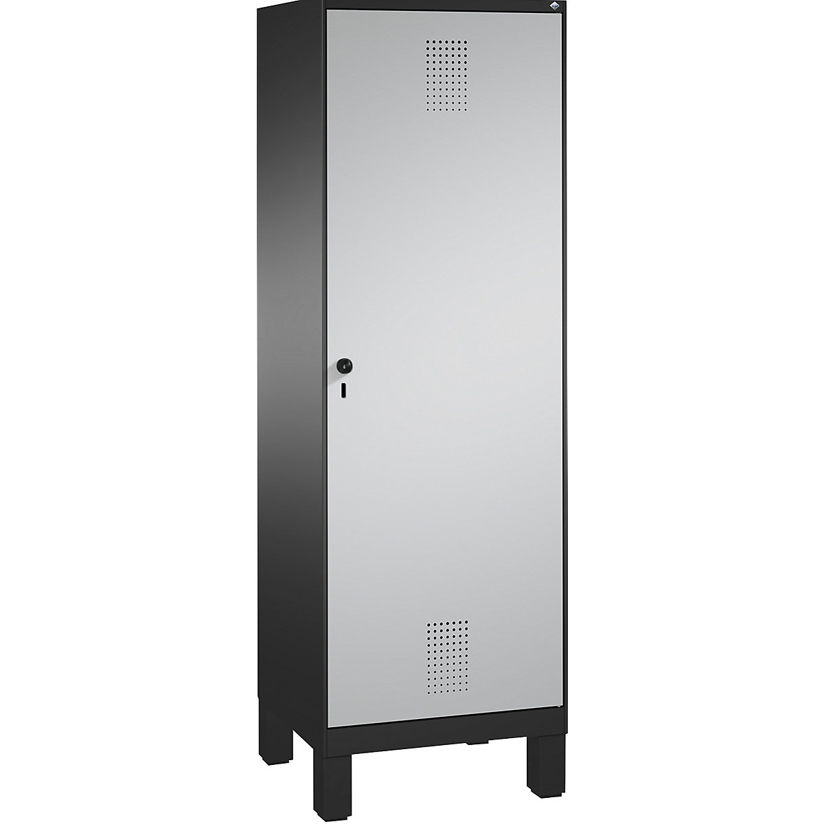 EVOLO cloakroom locker, door for 2 compartments, with feet – C+P, 2 compartments, 1 door, compartment width 300 mm, black grey / white aluminium-3