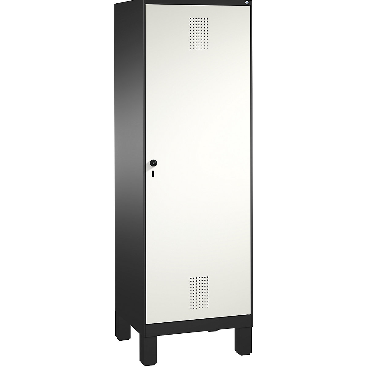 EVOLO cloakroom locker, door for 2 compartments, with feet – C+P, 2 compartments, 1 door, compartment width 300 mm, black grey / traffic white-5