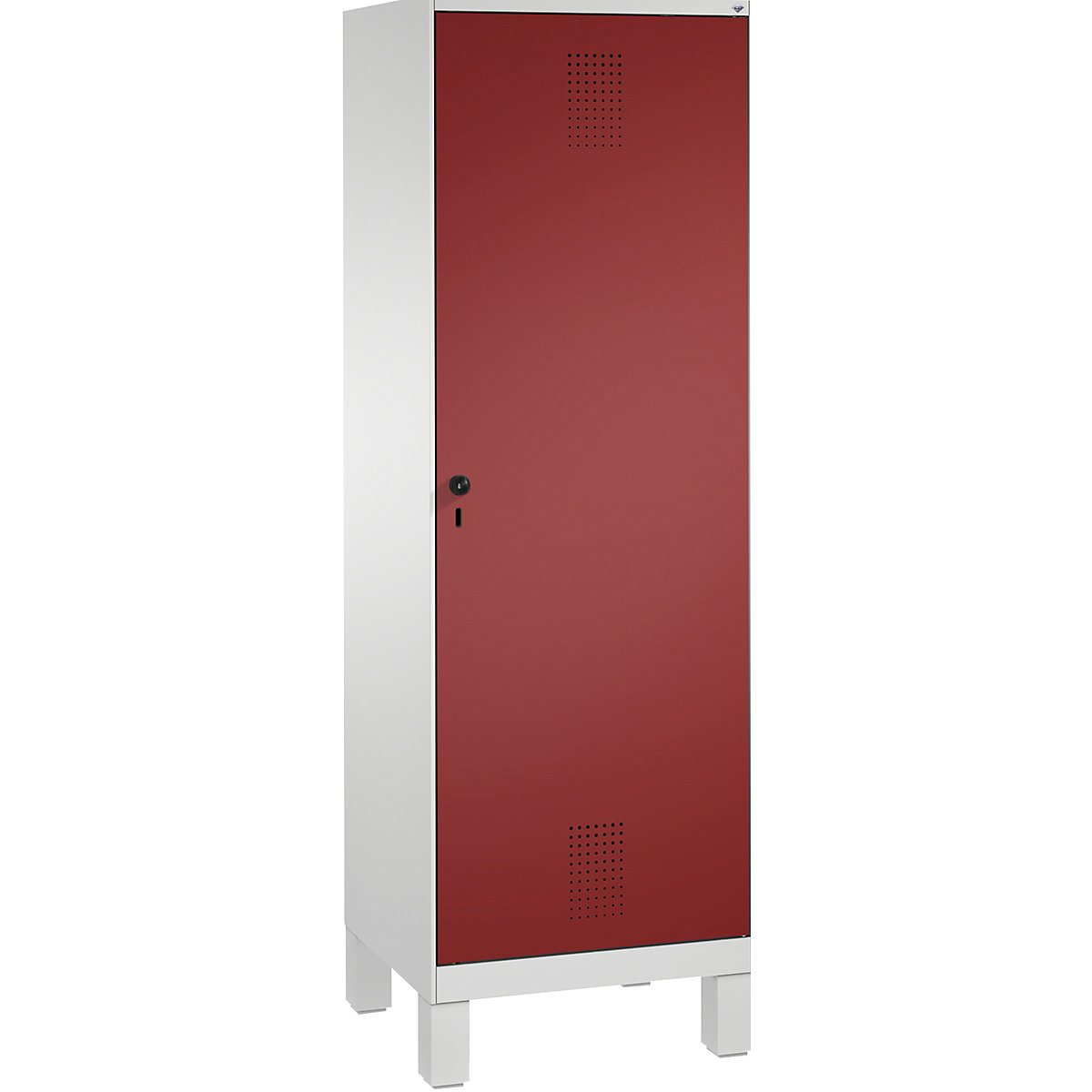 EVOLO cloakroom locker, door for 2 compartments, with feet – C+P, 2 compartments, 1 door, compartment width 300 mm, light grey / ruby red-9