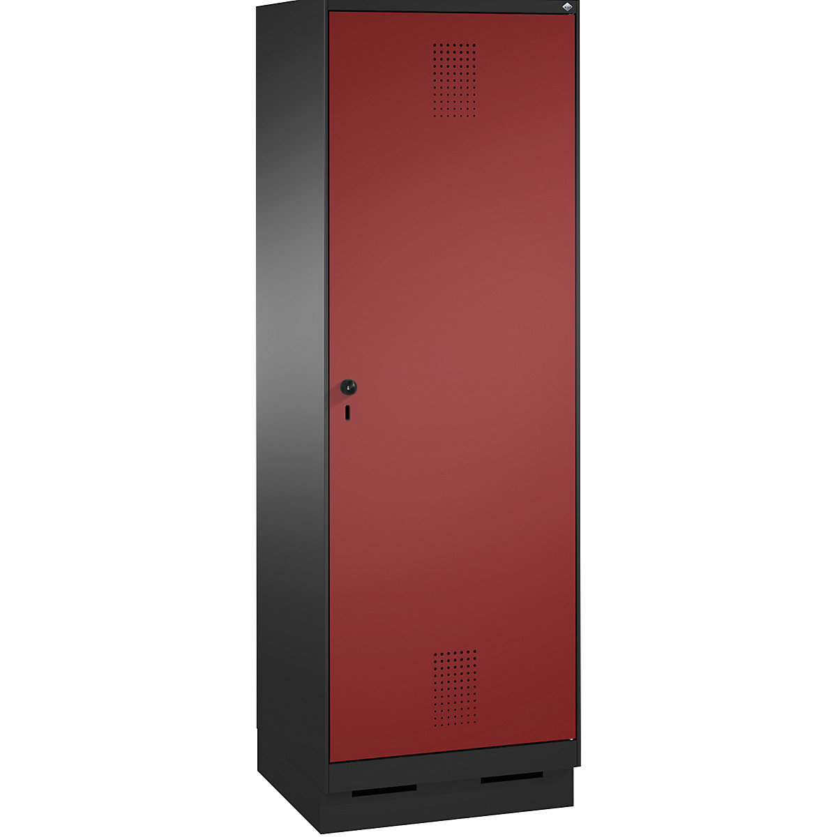EVOLO cloakroom locker, door for 2 compartments, with plinth – C+P, 2 compartments, 1 door, compartment width 300 mm, black grey / ruby red-7