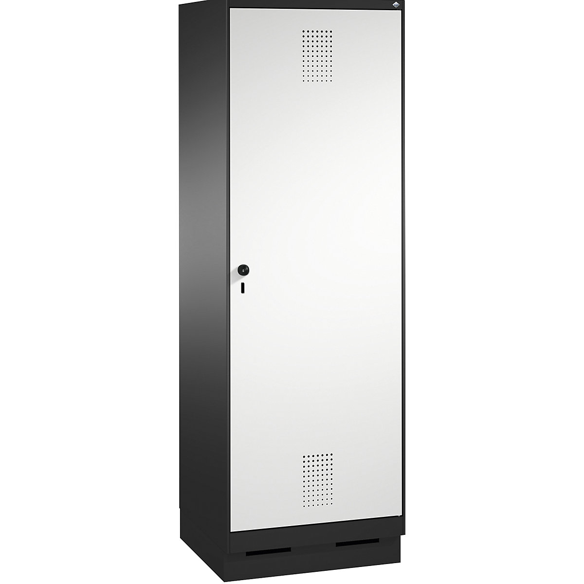 EVOLO cloakroom locker, door for 2 compartments, with plinth – C+P, 2 compartments, 1 door, compartment width 300 mm, black grey / light grey-3