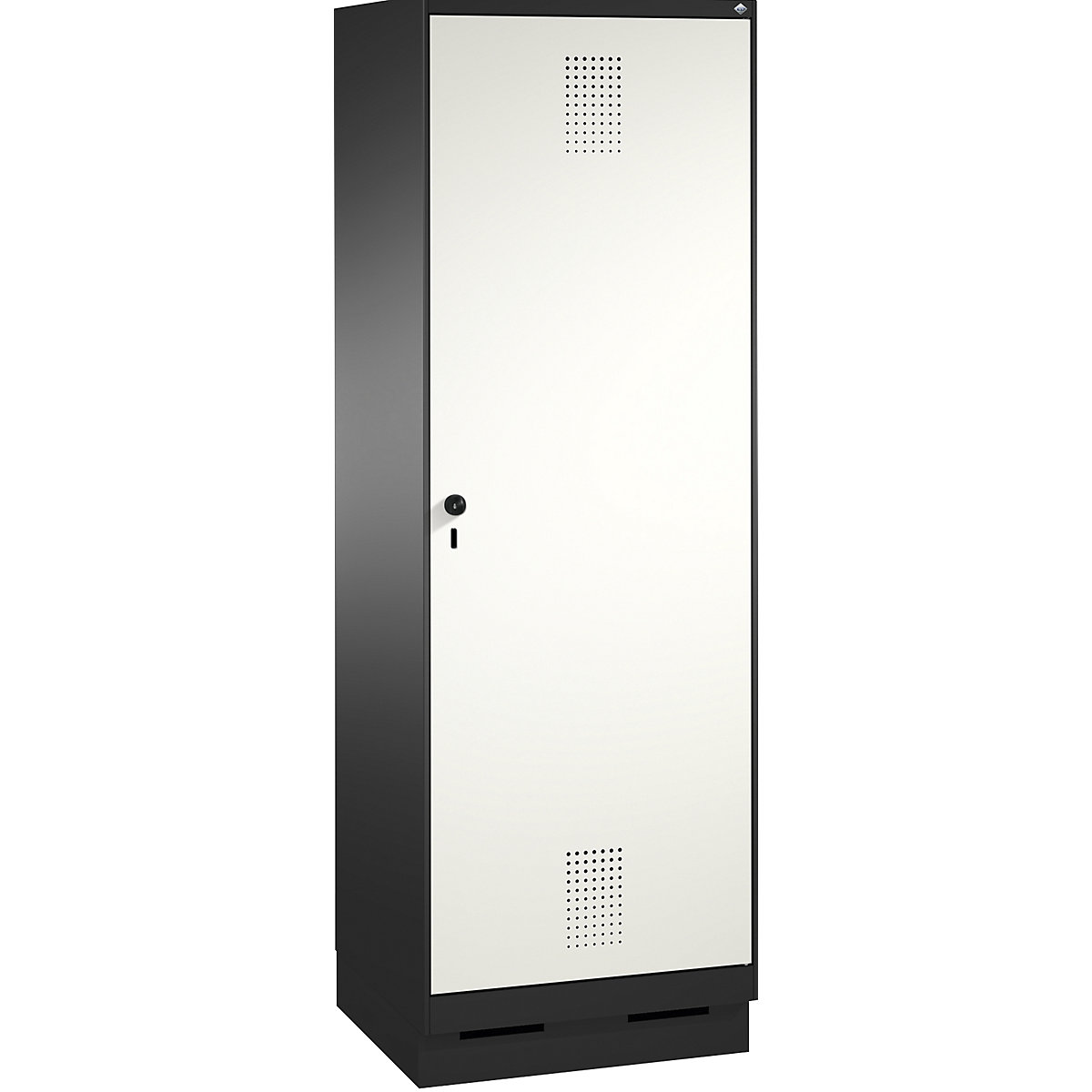 EVOLO cloakroom locker, door for 2 compartments, with plinth – C+P, 2 compartments, 1 door, compartment width 300 mm, black grey / traffic white-2
