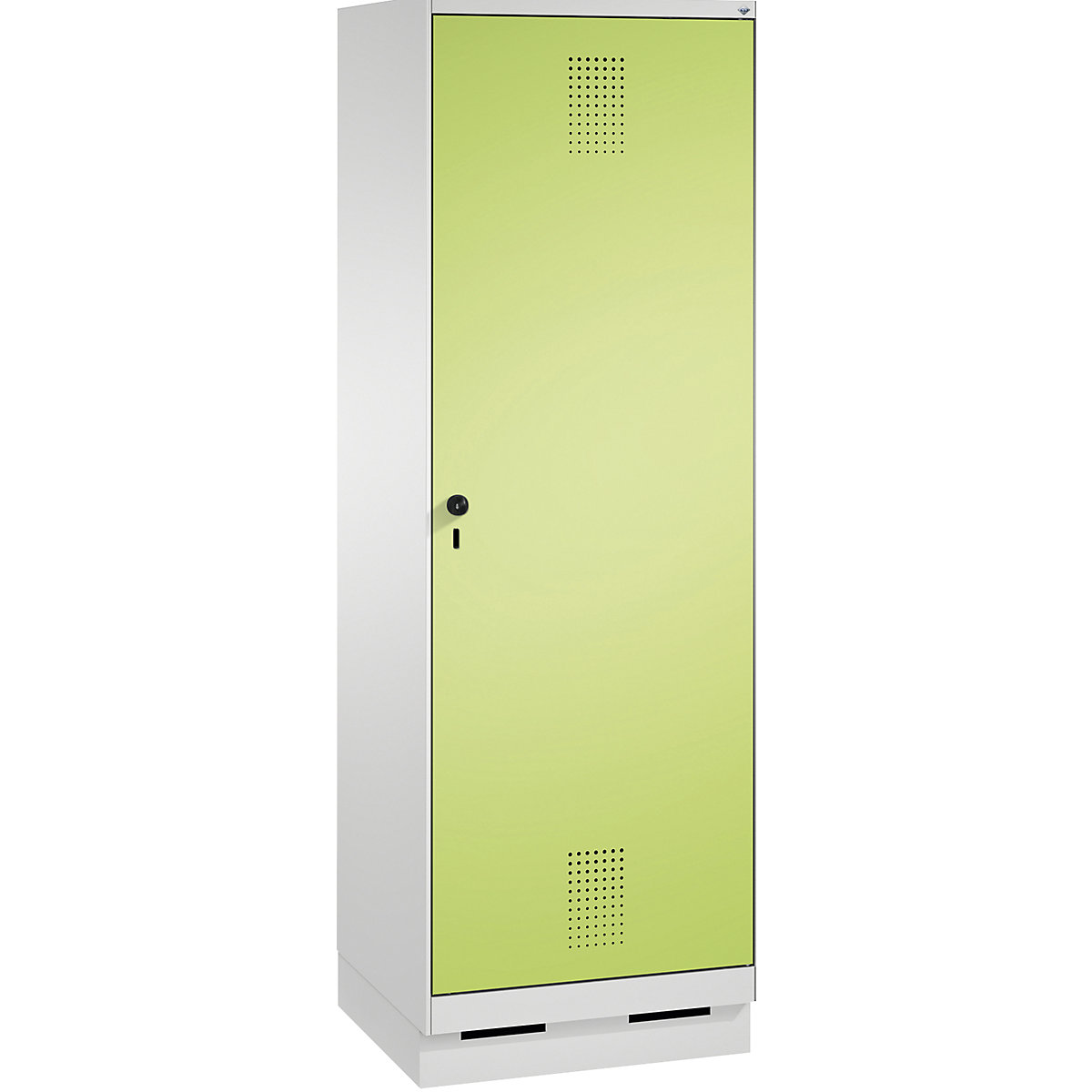 EVOLO cloakroom locker, door for 2 compartments, with plinth – C+P, 2 compartments, 1 door, compartment width 300 mm, light grey / viridian green-9