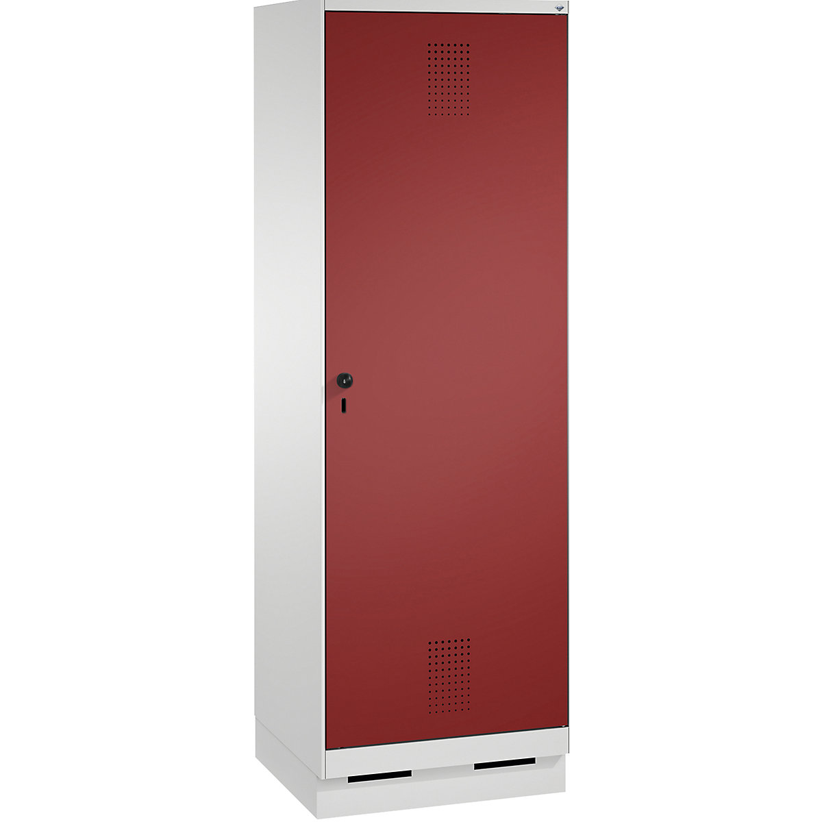 EVOLO cloakroom locker, door for 2 compartments, with plinth – C+P, 2 compartments, 1 door, compartment width 300 mm, light grey / ruby red-4