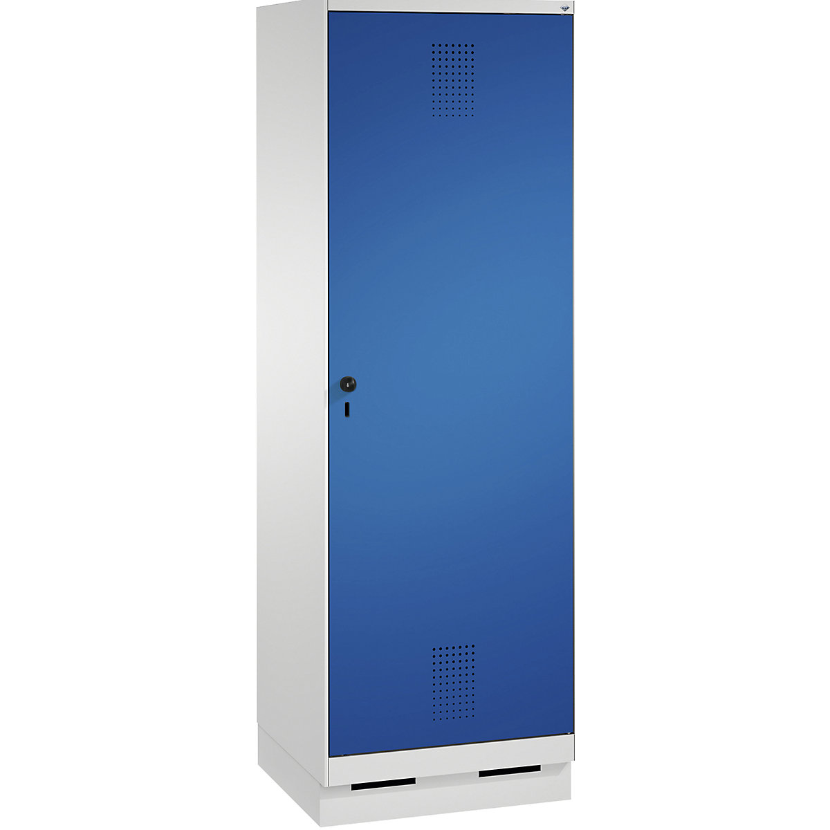 EVOLO cloakroom locker, door for 2 compartments, with plinth – C+P, 2 compartments, 1 door, compartment width 300 mm, light grey / gentian blue-6