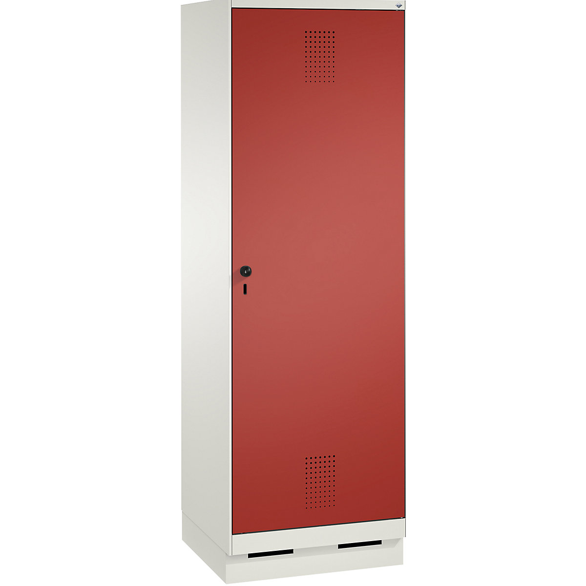 EVOLO cloakroom locker, door for 2 compartments, with plinth – C+P, 2 compartments, 1 door, compartment width 300 mm, traffic white / flame red-15