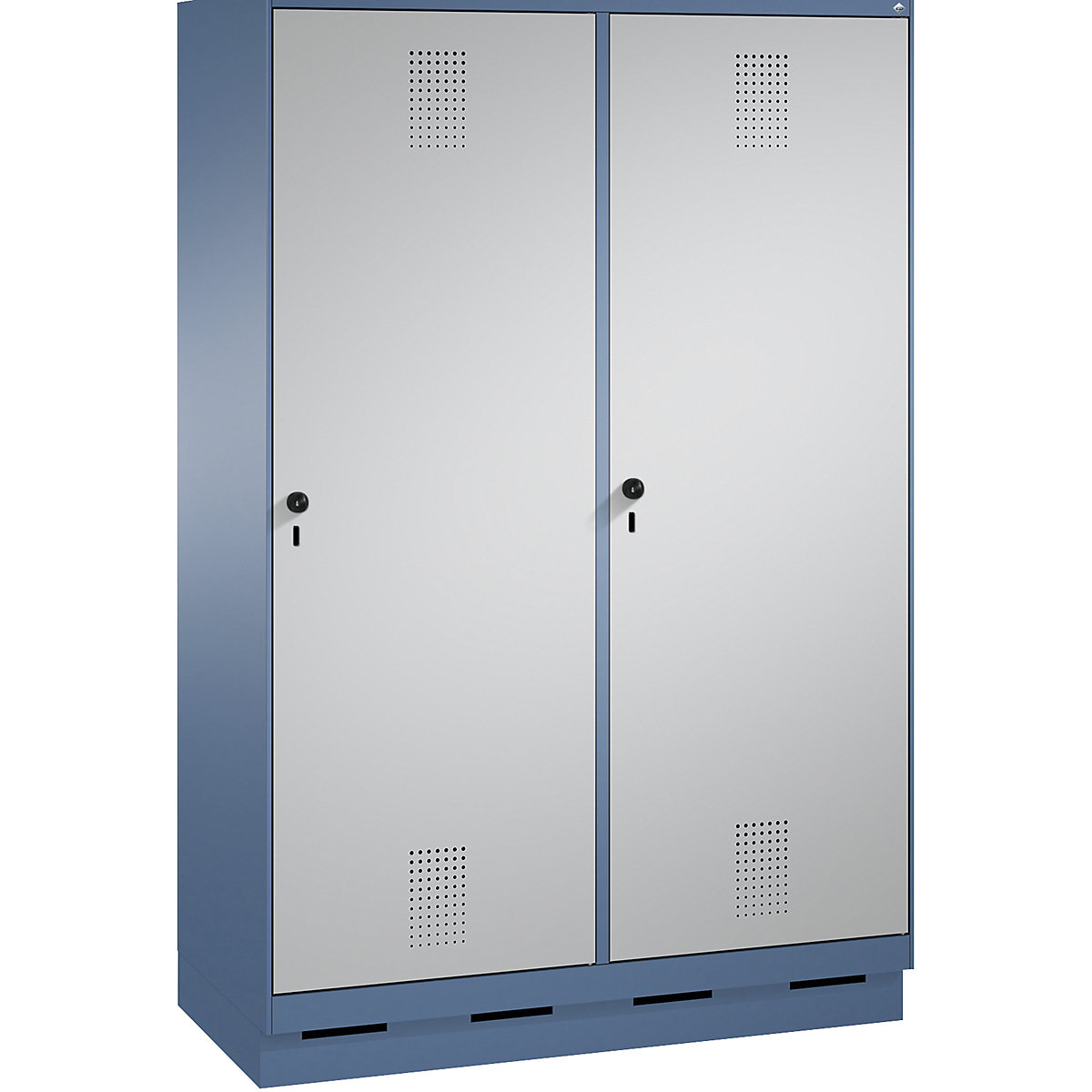 EVOLO cloakroom locker, door for 2 compartments, with plinth – C+P, 4 compartments, 2 doors, compartment width 300 mm, distant blue / white aluminium-8