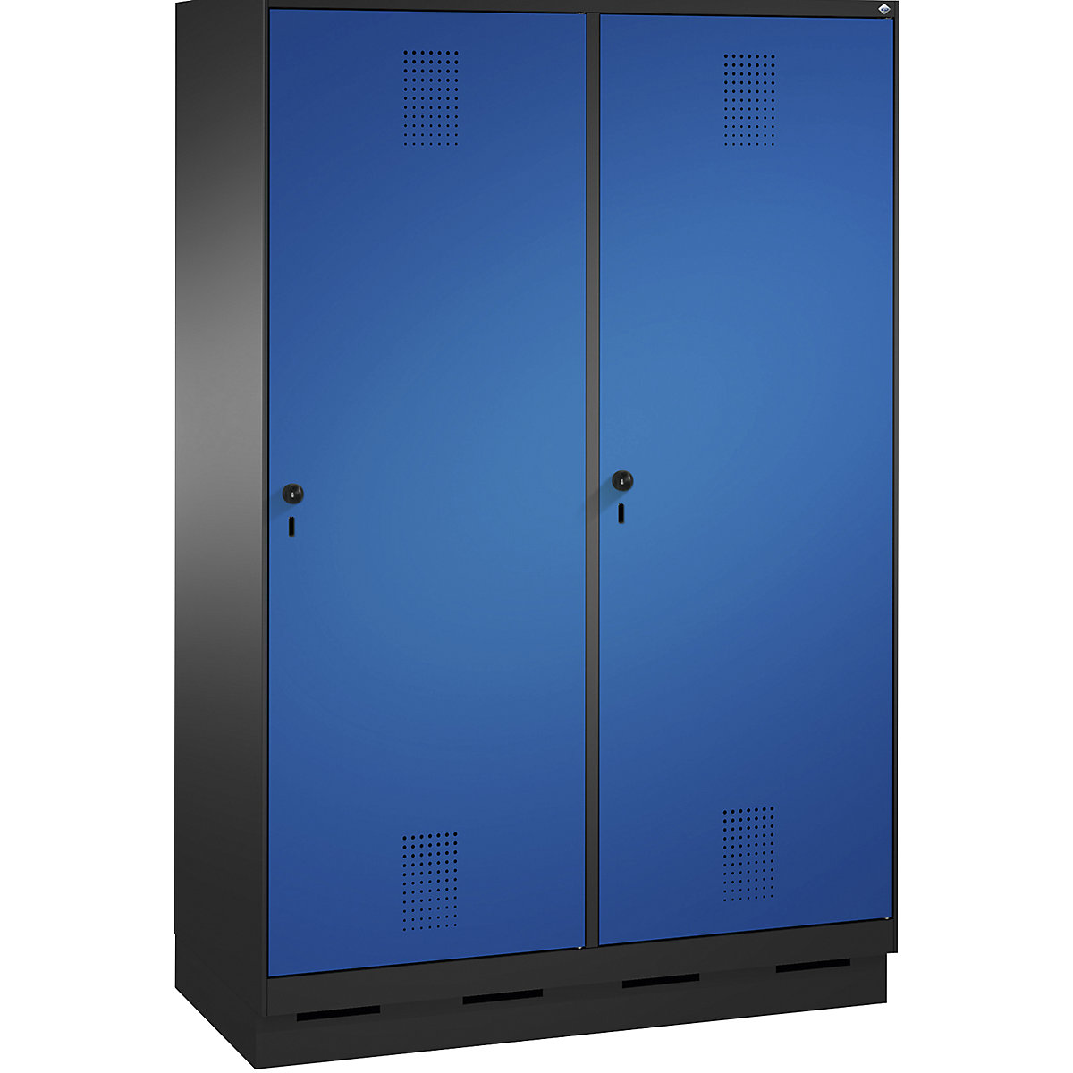 EVOLO cloakroom locker, door for 2 compartments, with plinth – C+P, 4 compartments, 2 doors, compartment width 300 mm, black grey / gentian blue-10