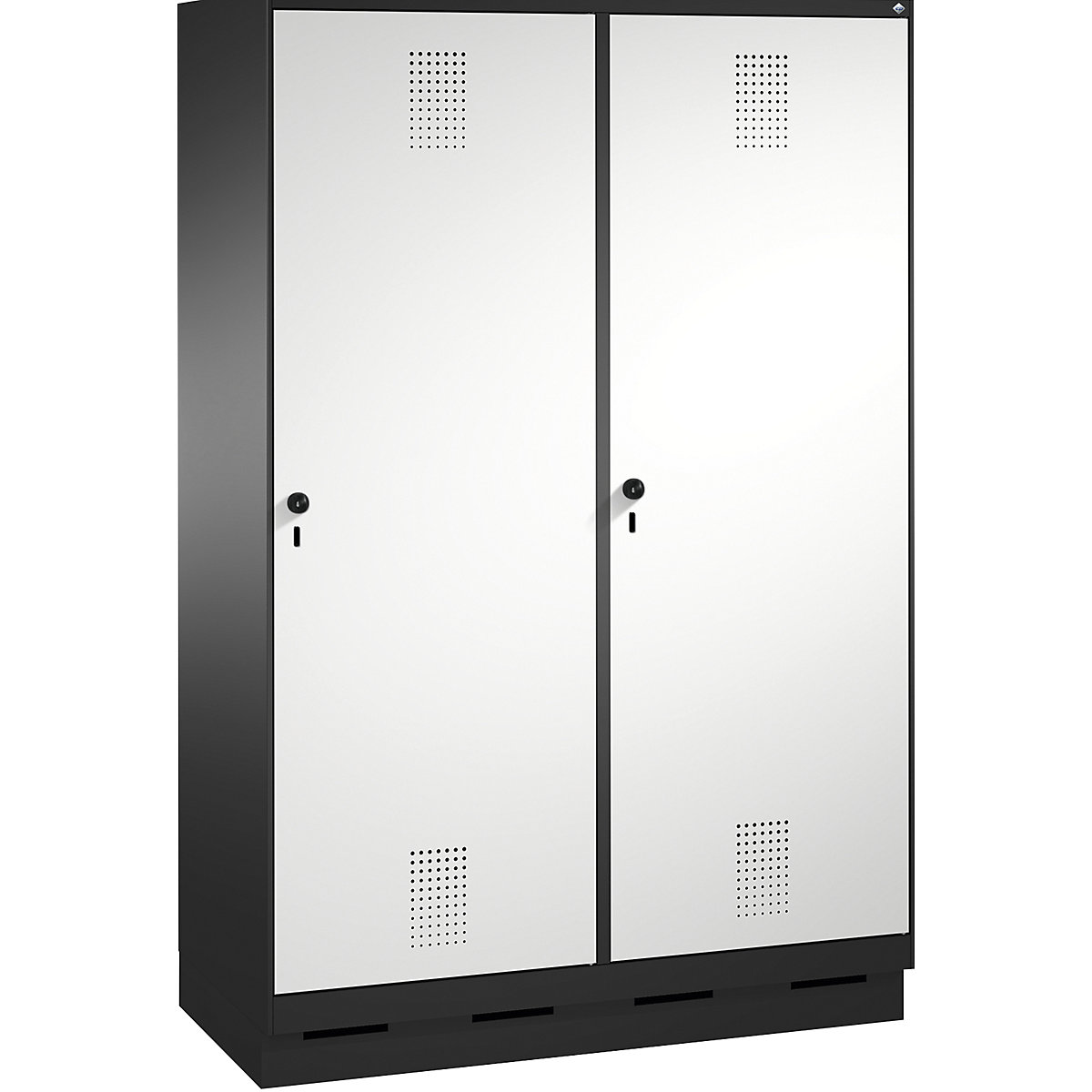 EVOLO cloakroom locker, door for 2 compartments, with plinth – C+P, 4 compartments, 2 doors, compartment width 300 mm, black grey / light grey-5