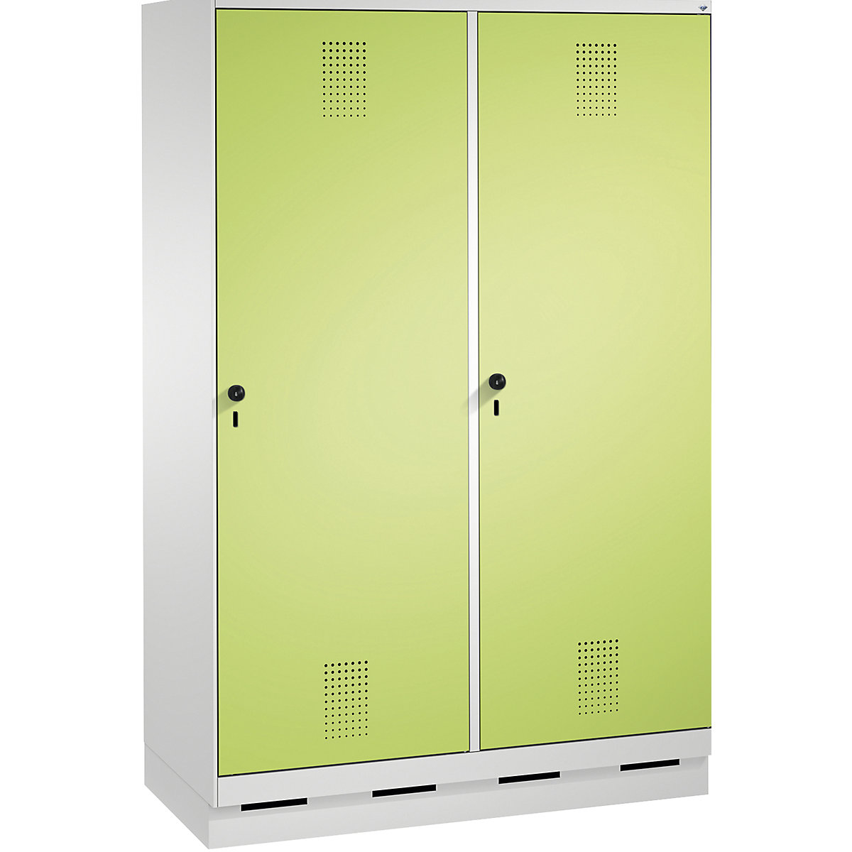 EVOLO cloakroom locker, door for 2 compartments, with plinth – C+P, 4 compartments, 2 doors, compartment width 300 mm, light grey / viridian green-14