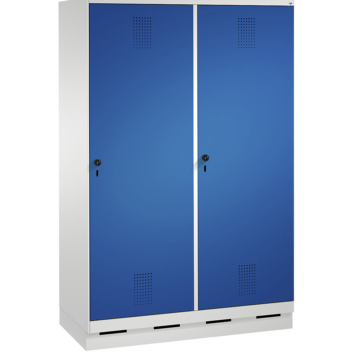 EVOLO cloakroom locker, door for 2 compartments, with plinth – C+P, 4 compartments, 2 doors, compartment width 300 mm, light grey / gentian blue-6