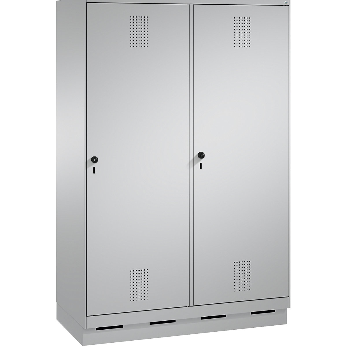 EVOLO cloakroom locker, door for 2 compartments, with plinth – C+P, 4 compartments, 2 doors, compartment width 300 mm, white aluminium / white aluminium-12
