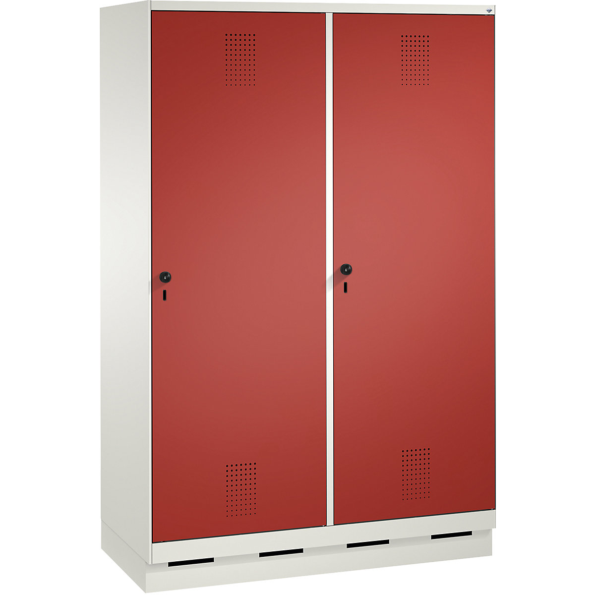 EVOLO cloakroom locker, door for 2 compartments, with plinth – C+P, 4 compartments, 2 doors, compartment width 300 mm, traffic white / flame red-11