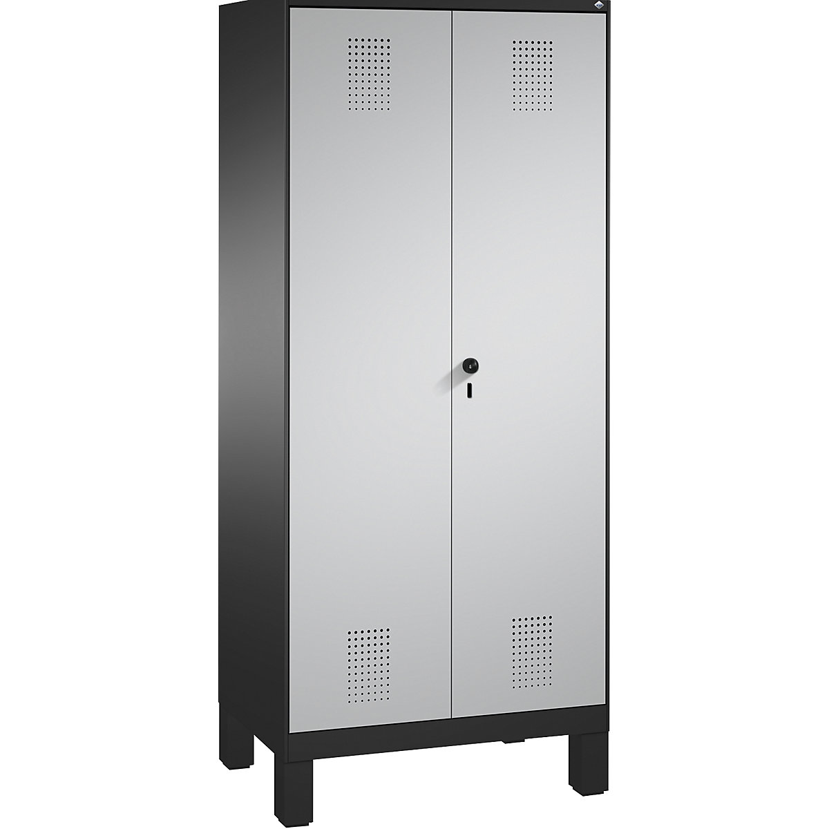 EVOLO cloakroom locker, doors close in the middle – C+P, 2 compartments, compartment width 400 mm, with feet, black grey / white aluminium-11