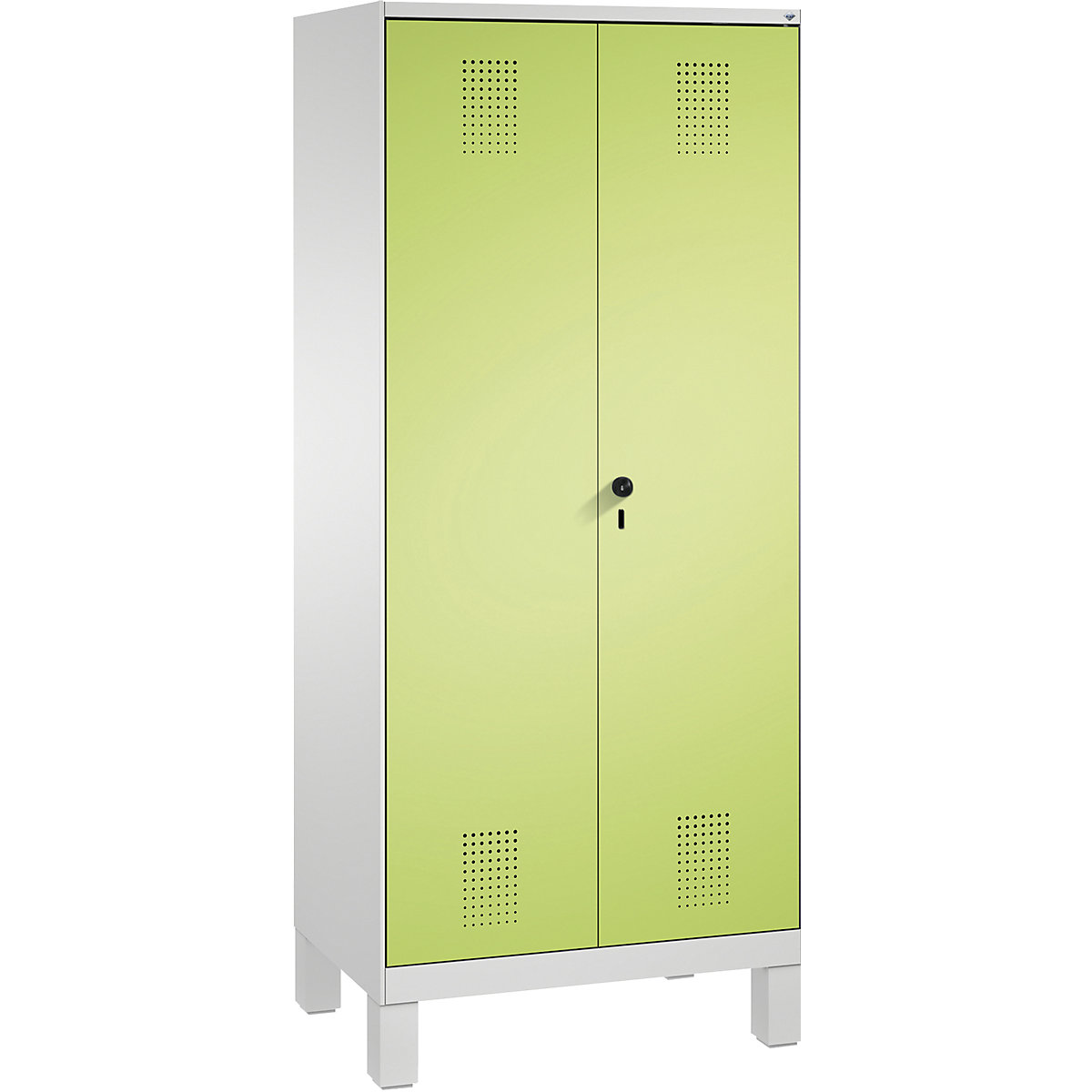 EVOLO cloakroom locker, doors close in the middle – C+P, 2 compartments, compartment width 400 mm, with feet, light grey / viridian green-6