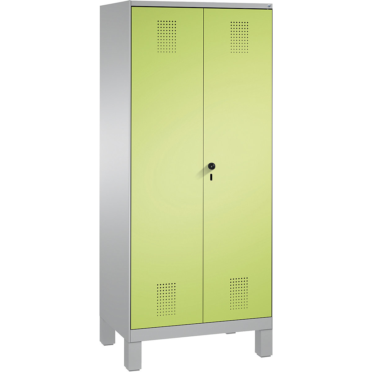 EVOLO cloakroom locker, doors close in the middle – C+P, 2 compartments, compartment width 400 mm, with feet, white aluminium / viridian green-10