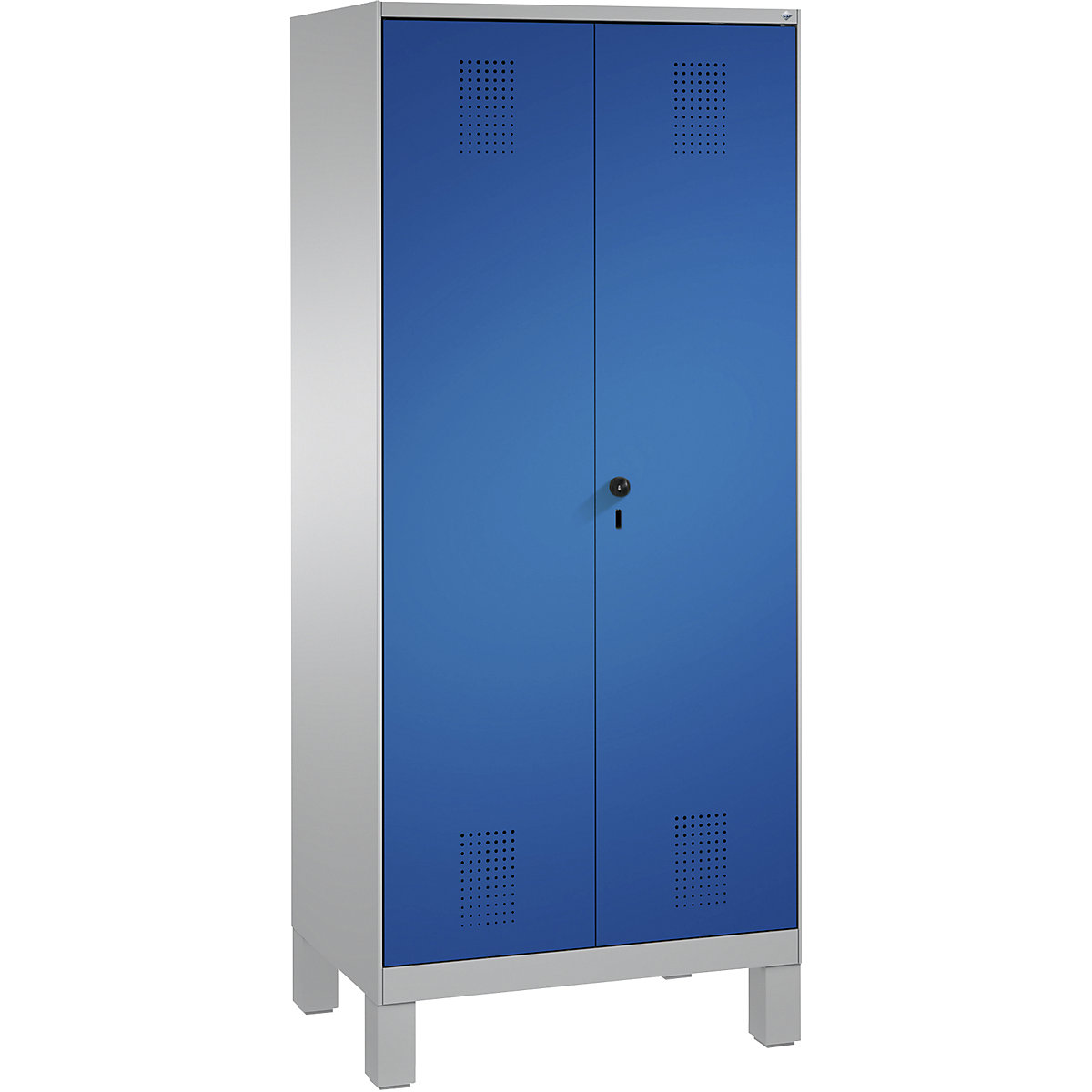 EVOLO cloakroom locker, doors close in the middle – C+P, 2 compartments, compartment width 400 mm, with feet, white aluminium / gentian blue-9