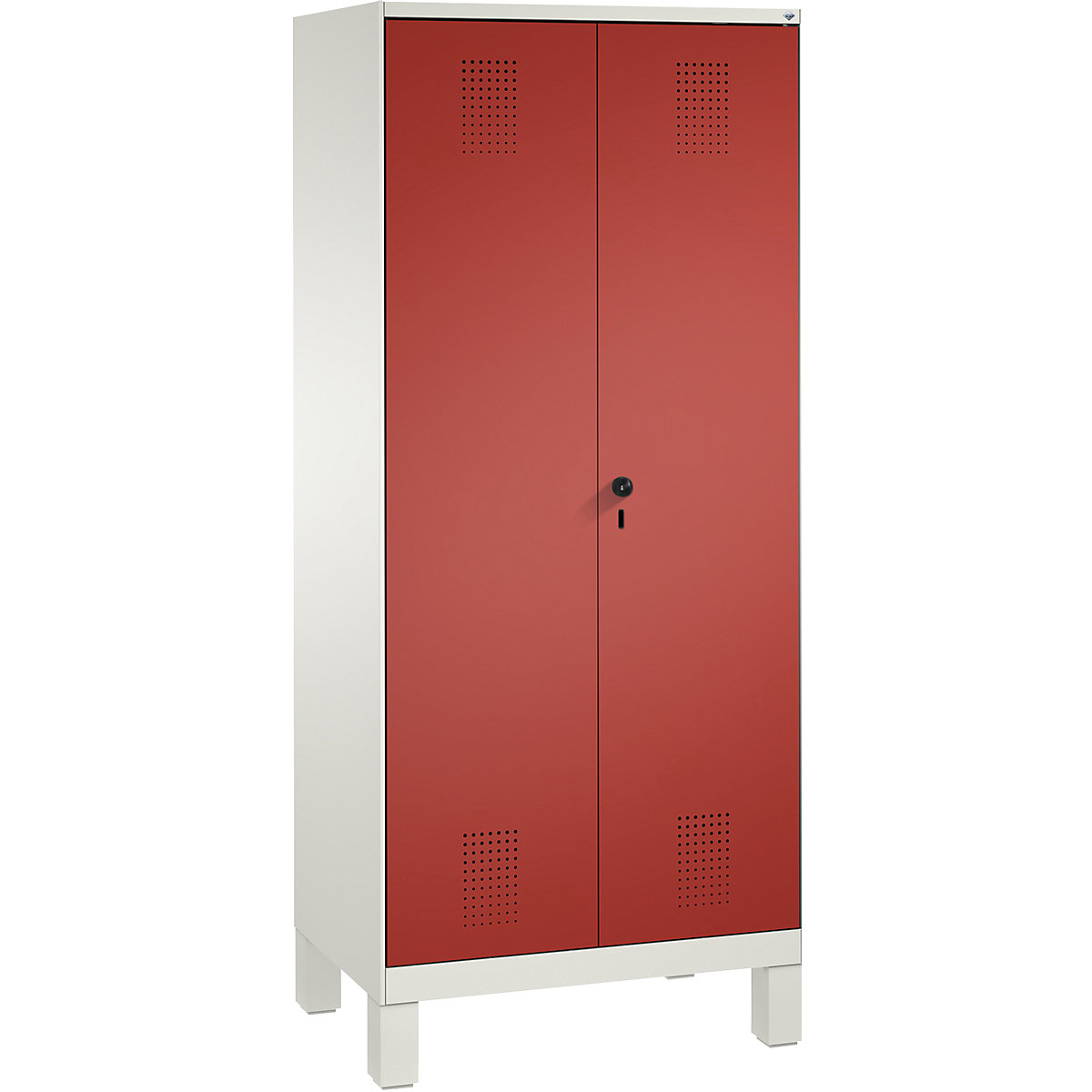 EVOLO cloakroom locker, doors close in the middle – C+P, 2 compartments, compartment width 400 mm, with feet, traffic white / flame red-5
