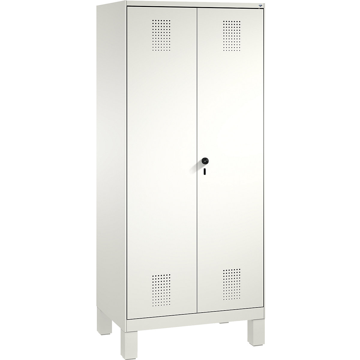 EVOLO cloakroom locker, doors close in the middle – C+P, 2 compartments, compartment width 400 mm, with feet, traffic white / traffic white-16