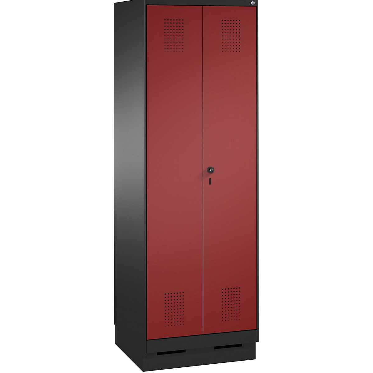 EVOLO cloakroom locker, doors close in the middle – C+P, 2 compartments, compartment width 300 mm, with plinth, black grey / ruby red-7