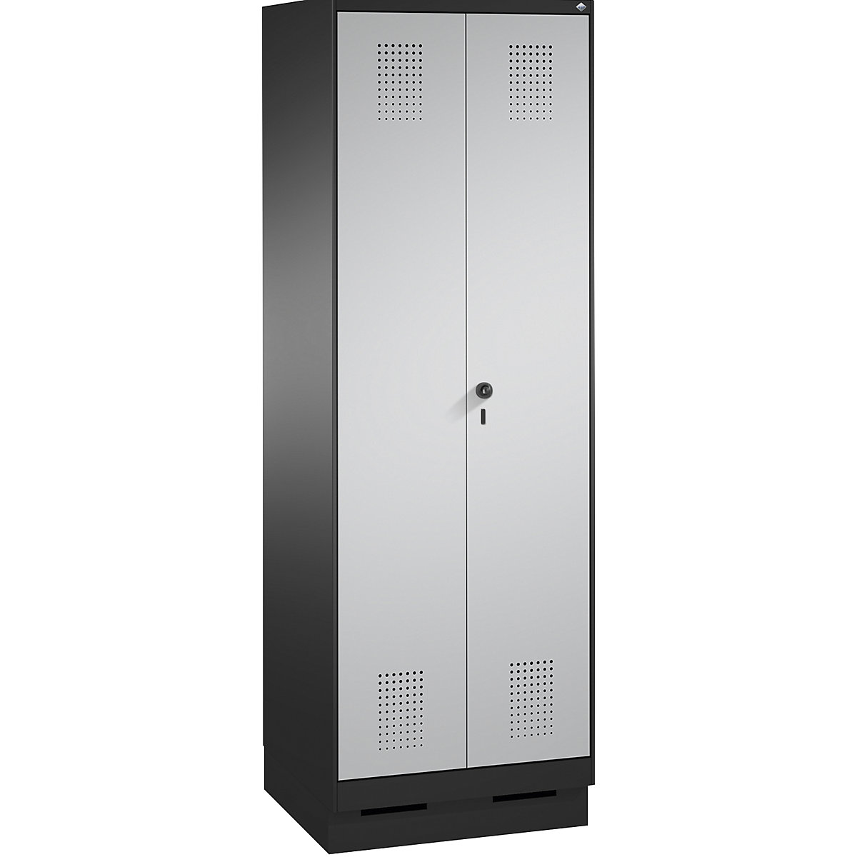 EVOLO cloakroom locker, doors close in the middle – C+P, 2 compartments, compartment width 300 mm, with plinth, black grey / white aluminium-5