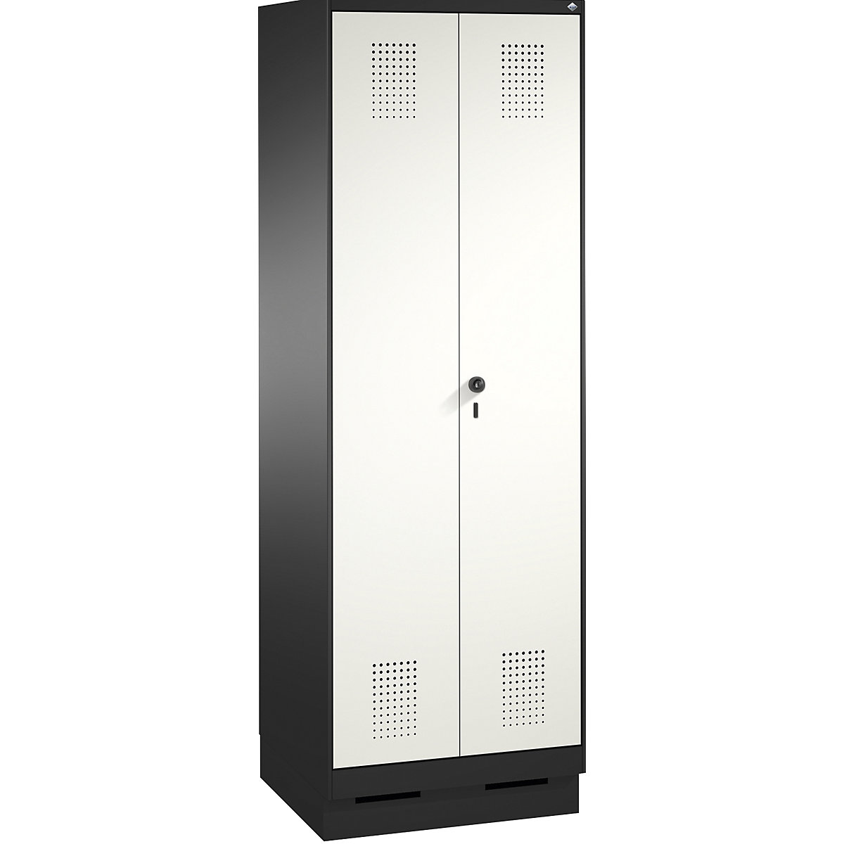 EVOLO cloakroom locker, doors close in the middle – C+P, 2 compartments, compartment width 300 mm, with plinth, black grey / traffic white-9