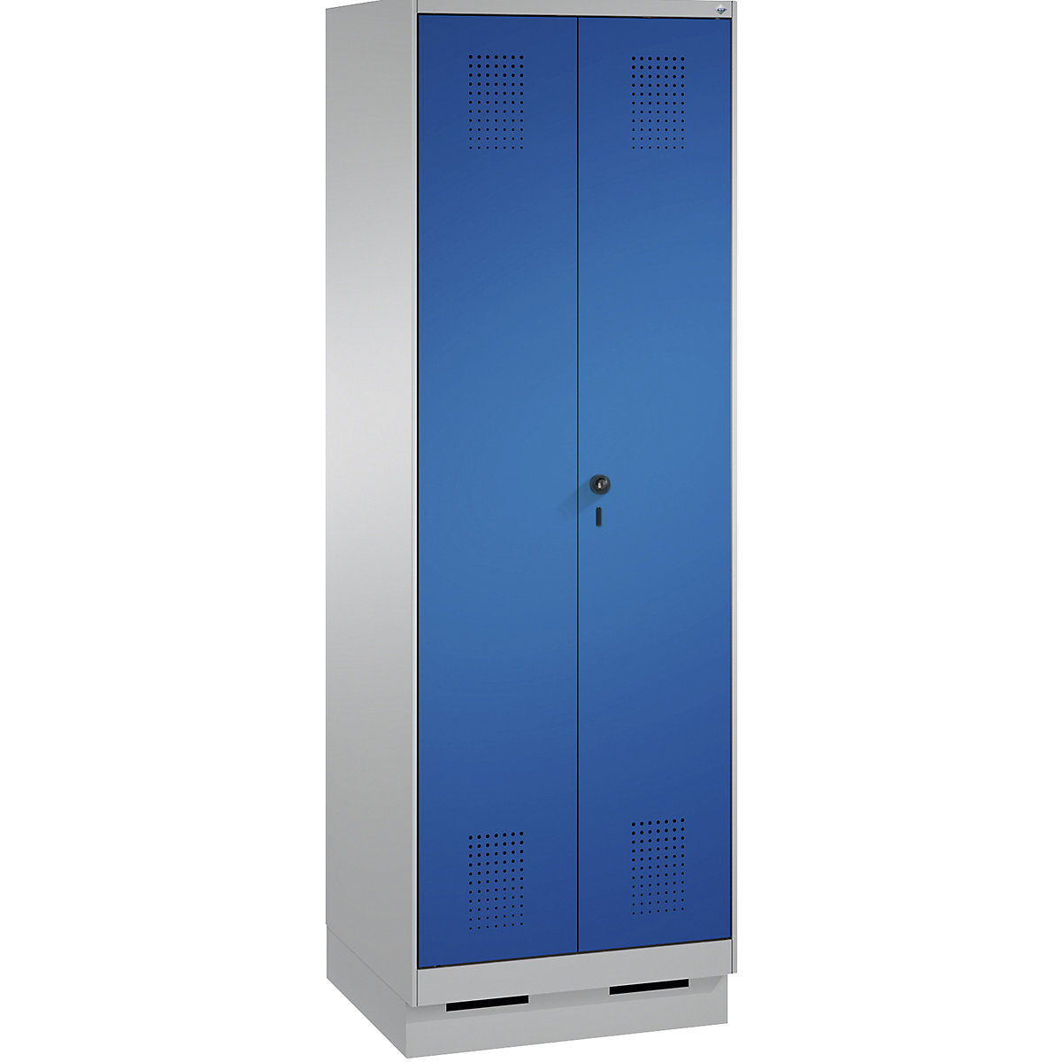 EVOLO cloakroom locker, doors close in the middle – C+P, 2 compartments, compartment width 300 mm, with plinth, white aluminium / gentian blue-6