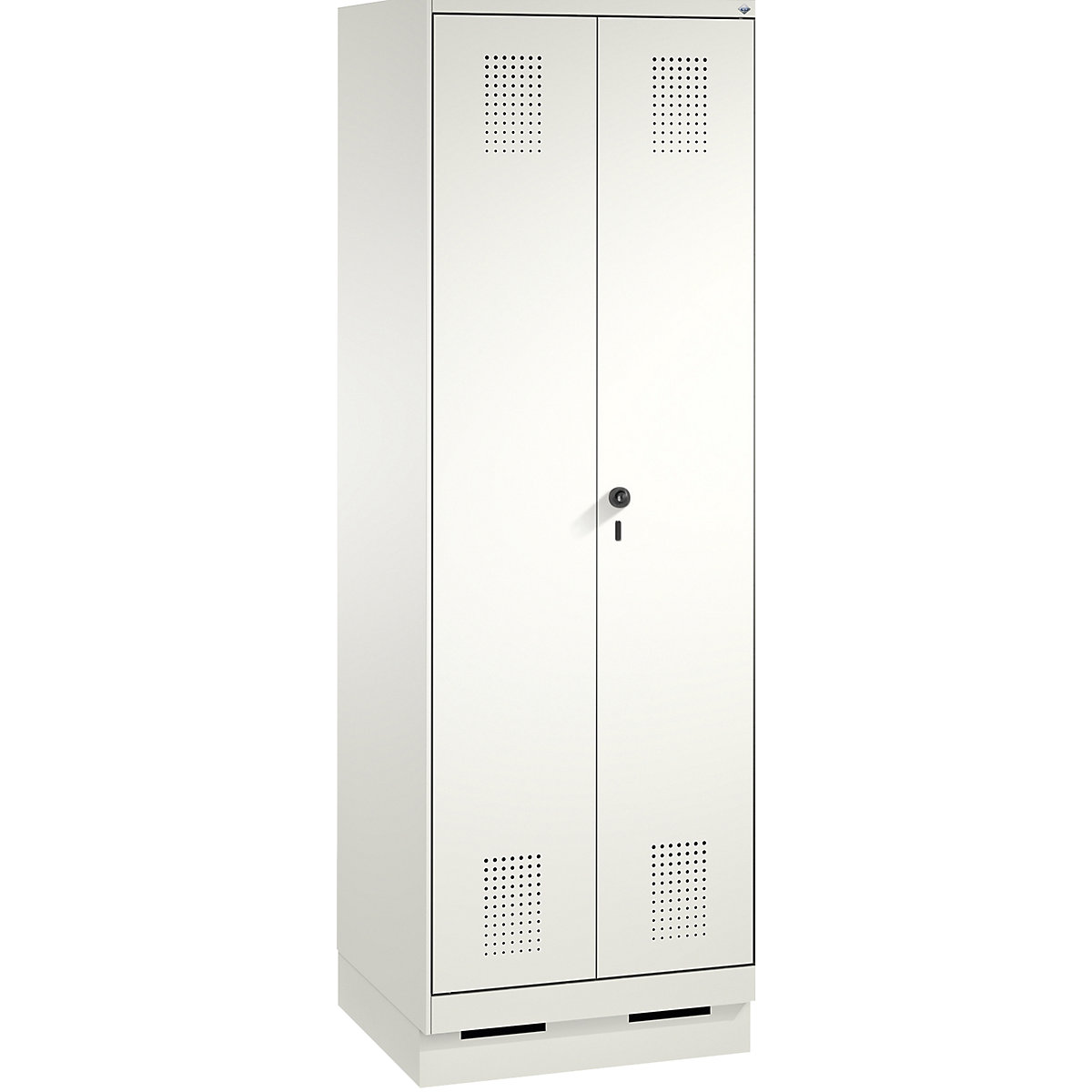 EVOLO cloakroom locker, doors close in the middle – C+P, 2 compartments, compartment width 300 mm, with plinth, traffic white / traffic white-10