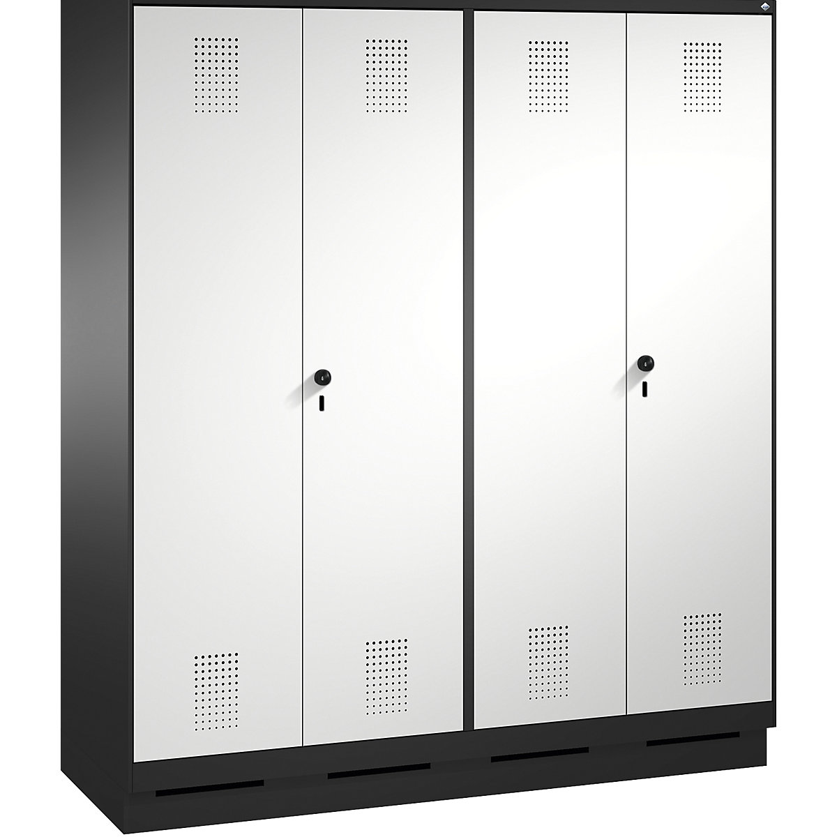 EVOLO cloakroom locker, doors close in the middle – C+P, 4 compartments, compartment width 400 mm, with plinth, black grey / light grey-5