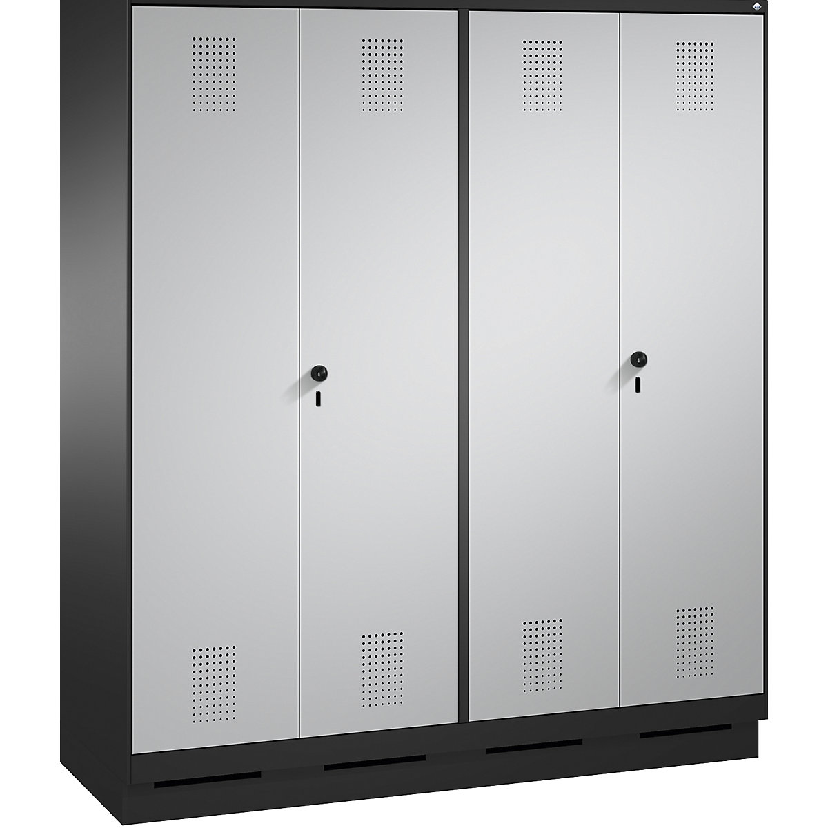 EVOLO cloakroom locker, doors close in the middle – C+P, 4 compartments, compartment width 400 mm, with plinth, black grey / white aluminium-9