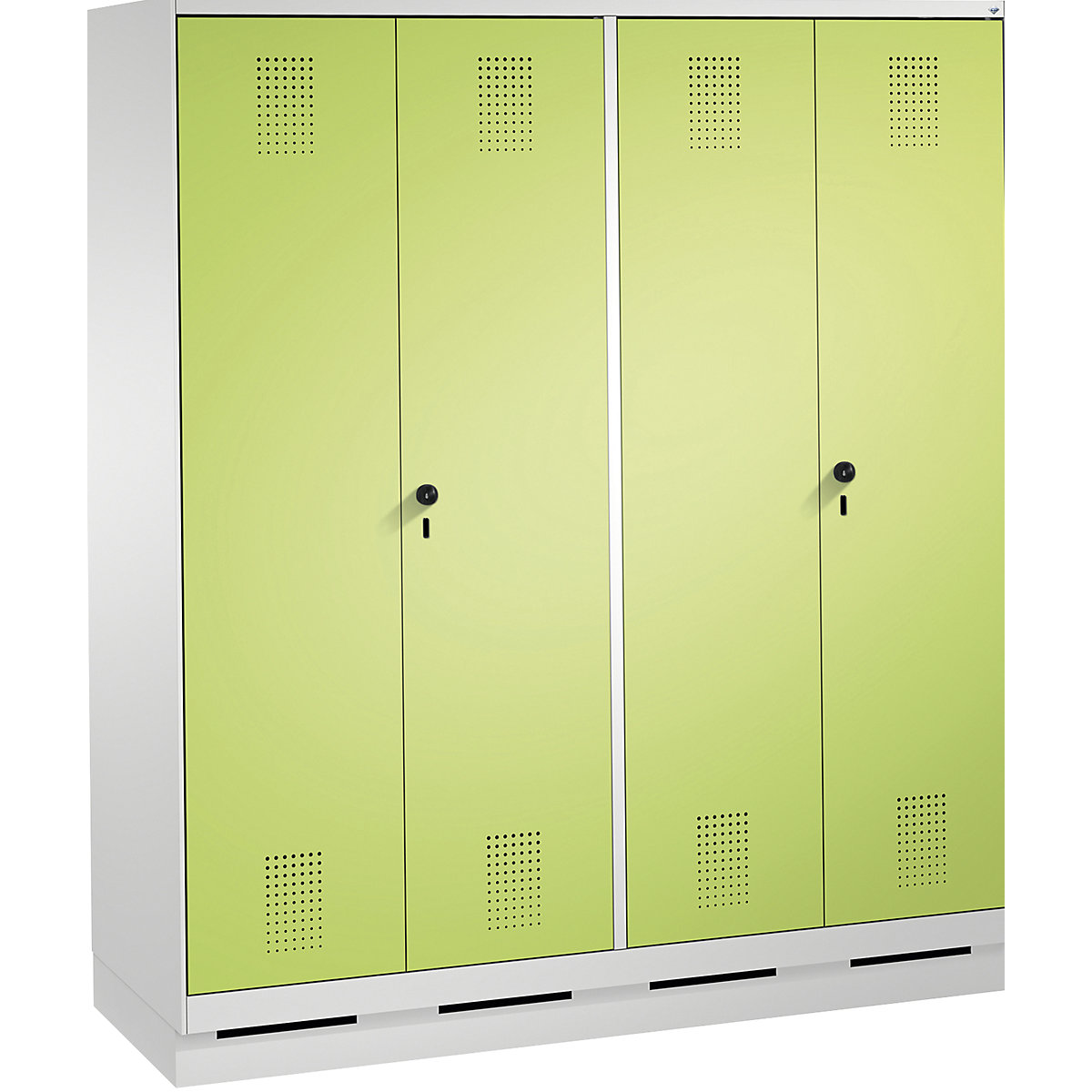EVOLO cloakroom locker, doors close in the middle – C+P, 4 compartments, compartment width 400 mm, with plinth, light grey / viridian green-4