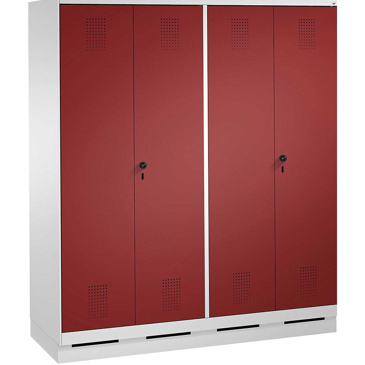EVOLO cloakroom locker, doors close in the middle – C+P, 4 compartments, compartment width 400 mm, with plinth, light grey / ruby red-14
