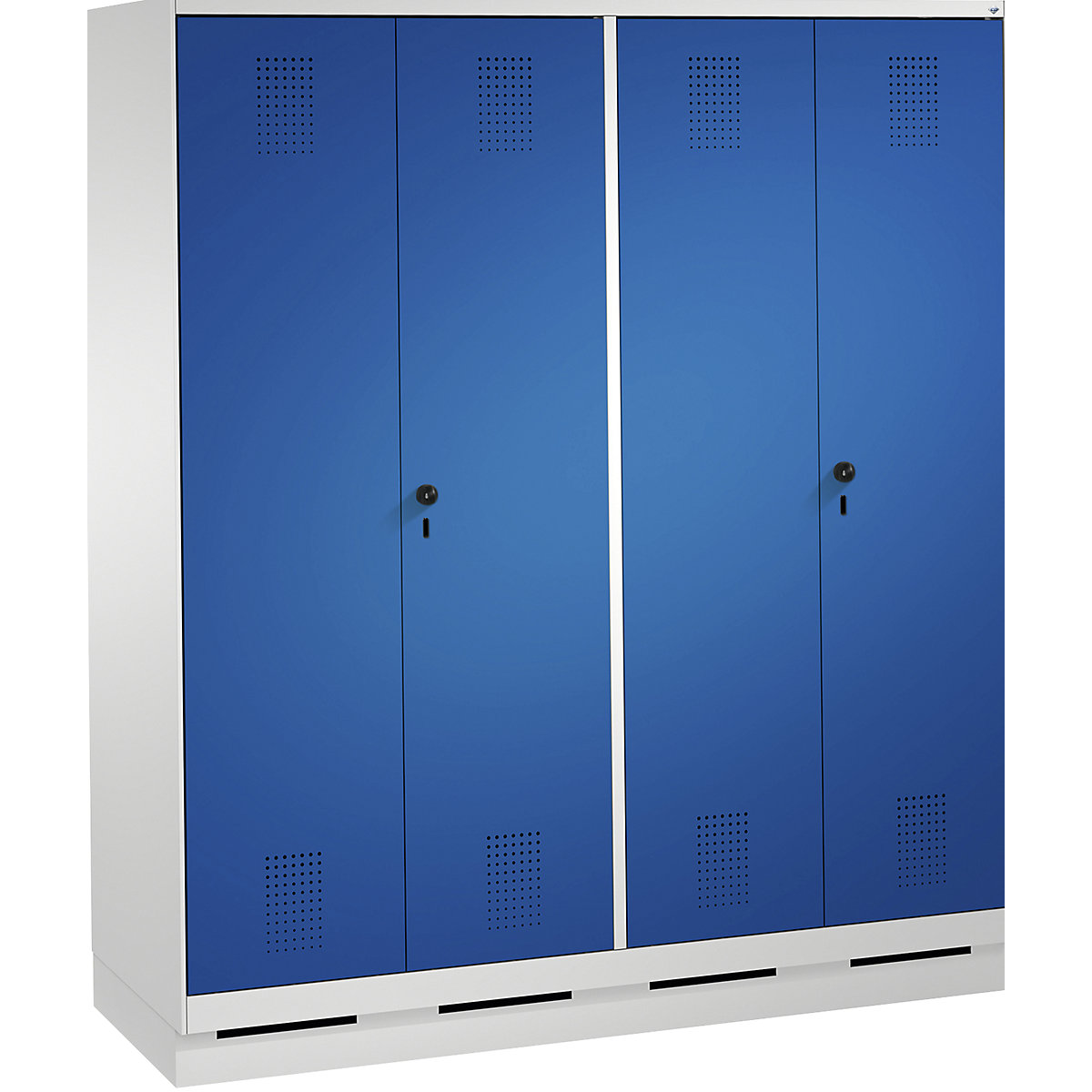 EVOLO cloakroom locker, doors close in the middle – C+P, 4 compartments, compartment width 400 mm, with plinth, light grey / gentian blue-3