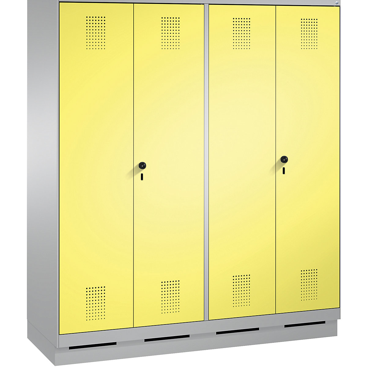 EVOLO cloakroom locker, doors close in the middle – C+P, 4 compartments, compartment width 400 mm, with plinth, white aluminium / sulphur yellow-6