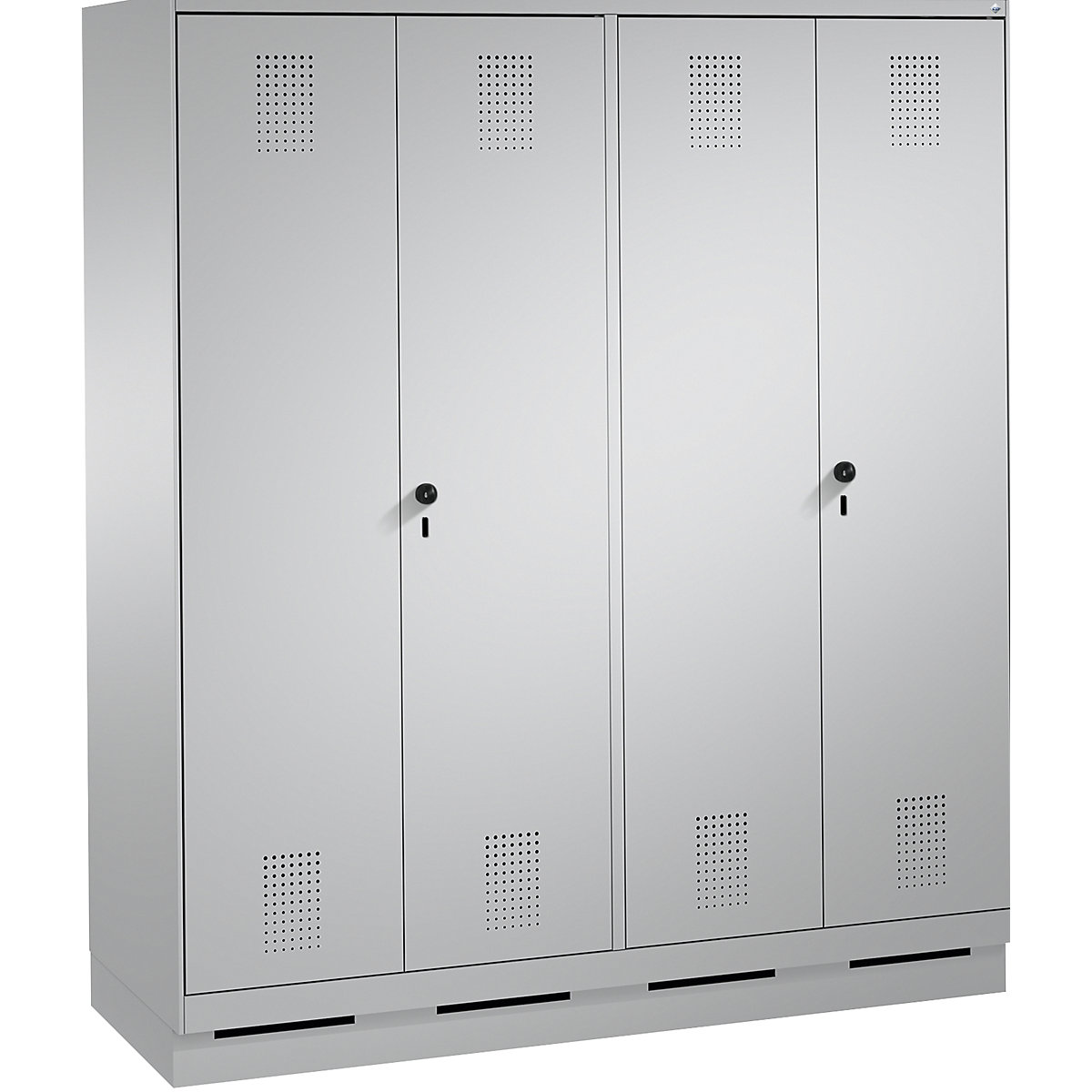 EVOLO cloakroom locker, doors close in the middle – C+P, 4 compartments, compartment width 400 mm, with plinth, white aluminium / white aluminium-8
