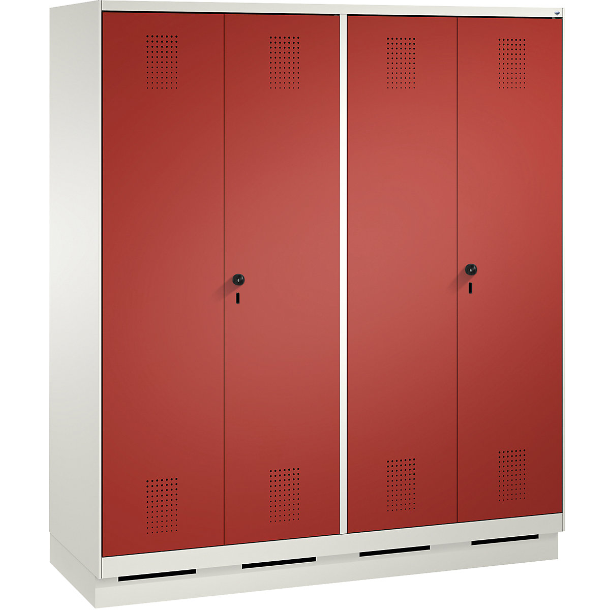 EVOLO cloakroom locker, doors close in the middle – C+P, 4 compartments, compartment width 400 mm, with plinth, traffic white / flame red-2