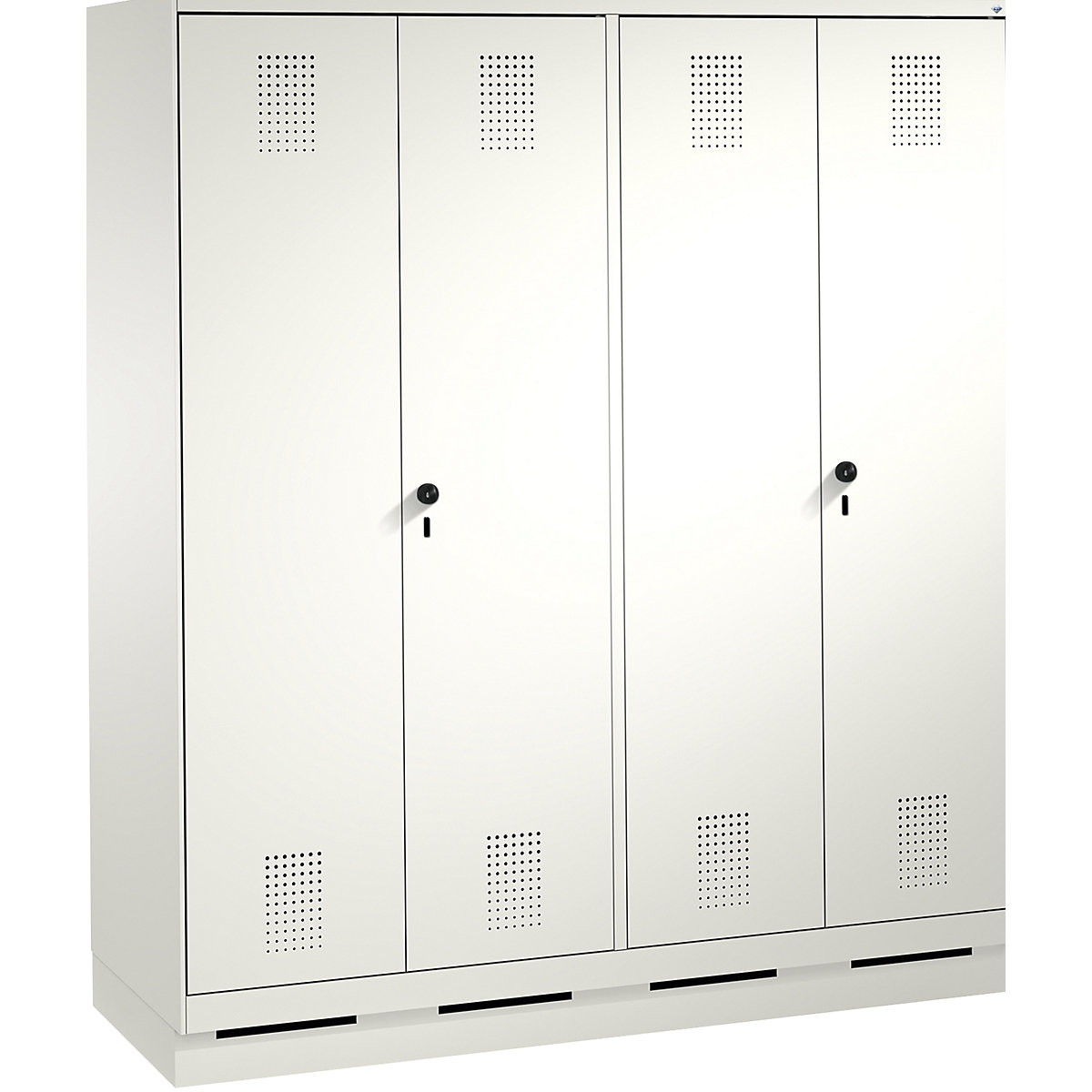 EVOLO cloakroom locker, doors close in the middle – C+P, 4 compartments, compartment width 400 mm, with plinth, traffic white / traffic white-15