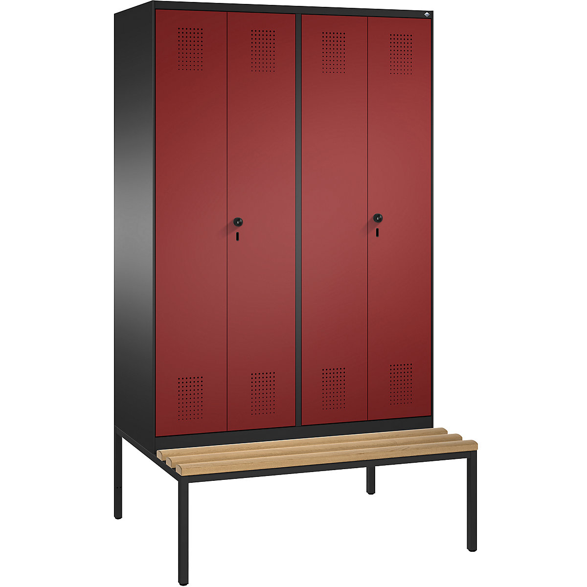 EVOLO cloakroom locker, doors close in the middle, with bench - C+P