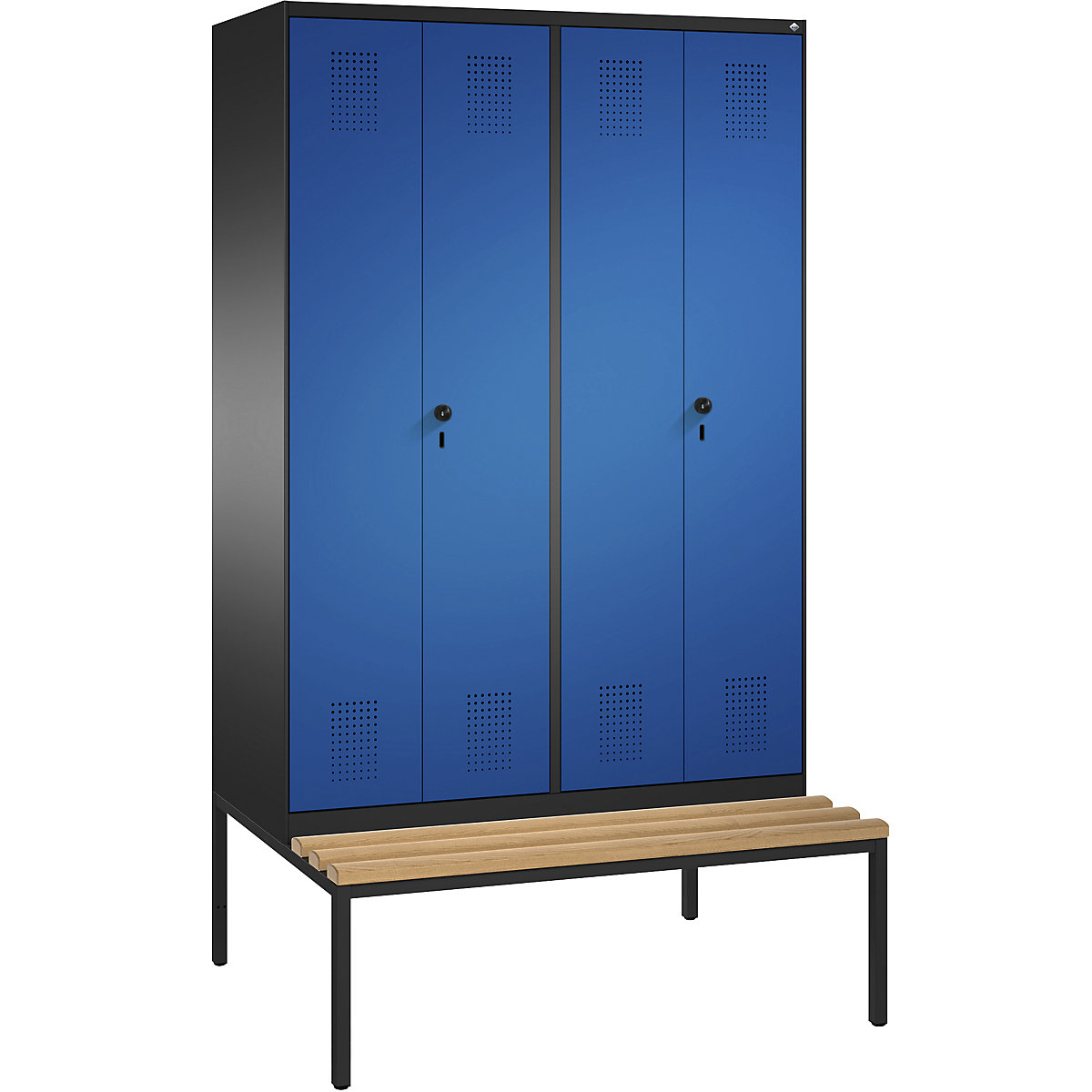 EVOLO cloakroom locker, doors close in the middle, with bench – C+P, 4 compartments, compartment width 300 mm, black grey / gentian blue-3
