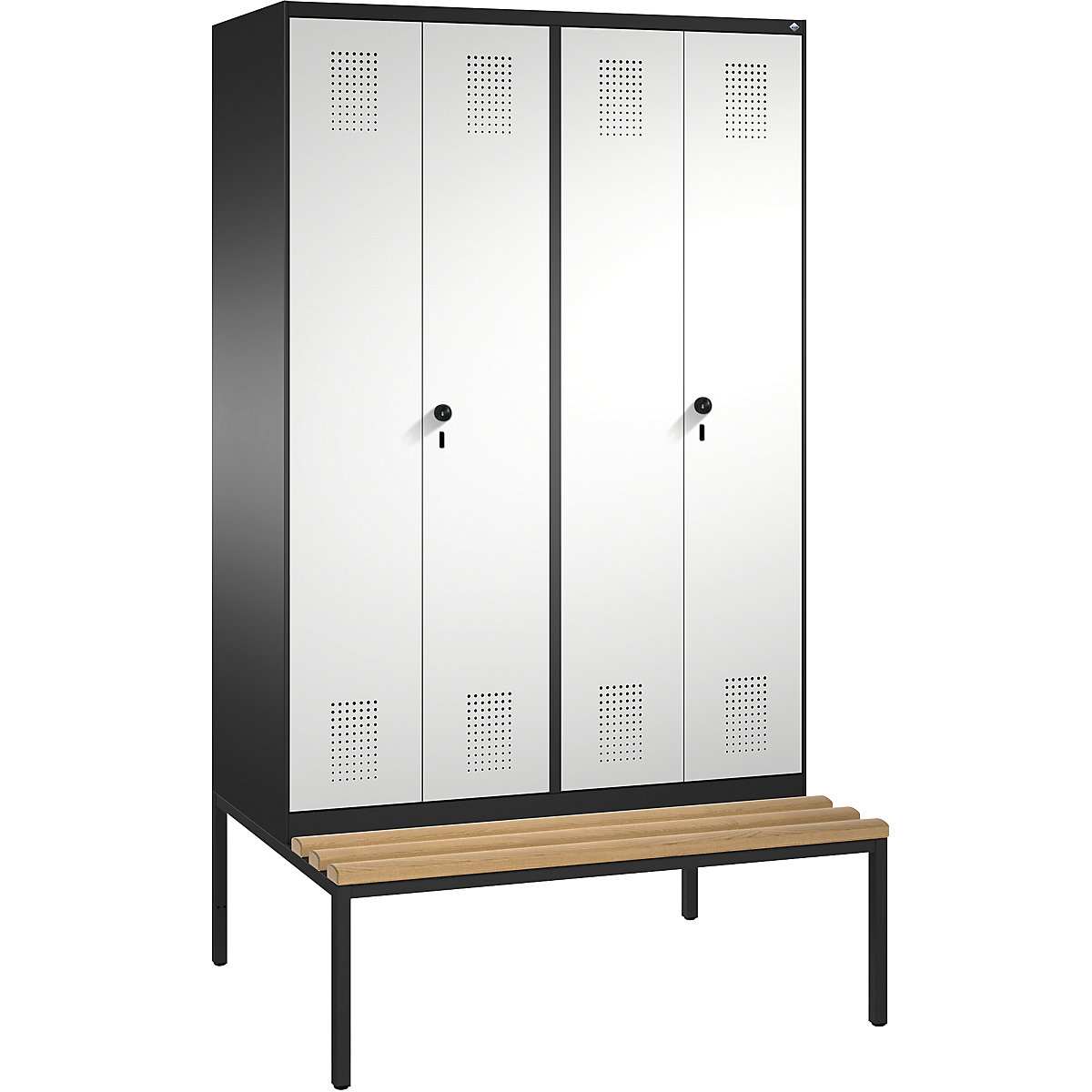 EVOLO cloakroom locker, doors close in the middle, with bench – C+P, 4 compartments, compartment width 300 mm, black grey / light grey-6