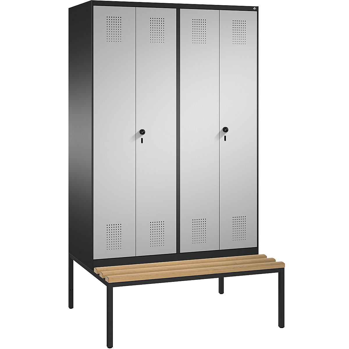 EVOLO cloakroom locker, doors close in the middle, with bench – C+P, 4 compartments, compartment width 300 mm, black grey / white aluminium-16