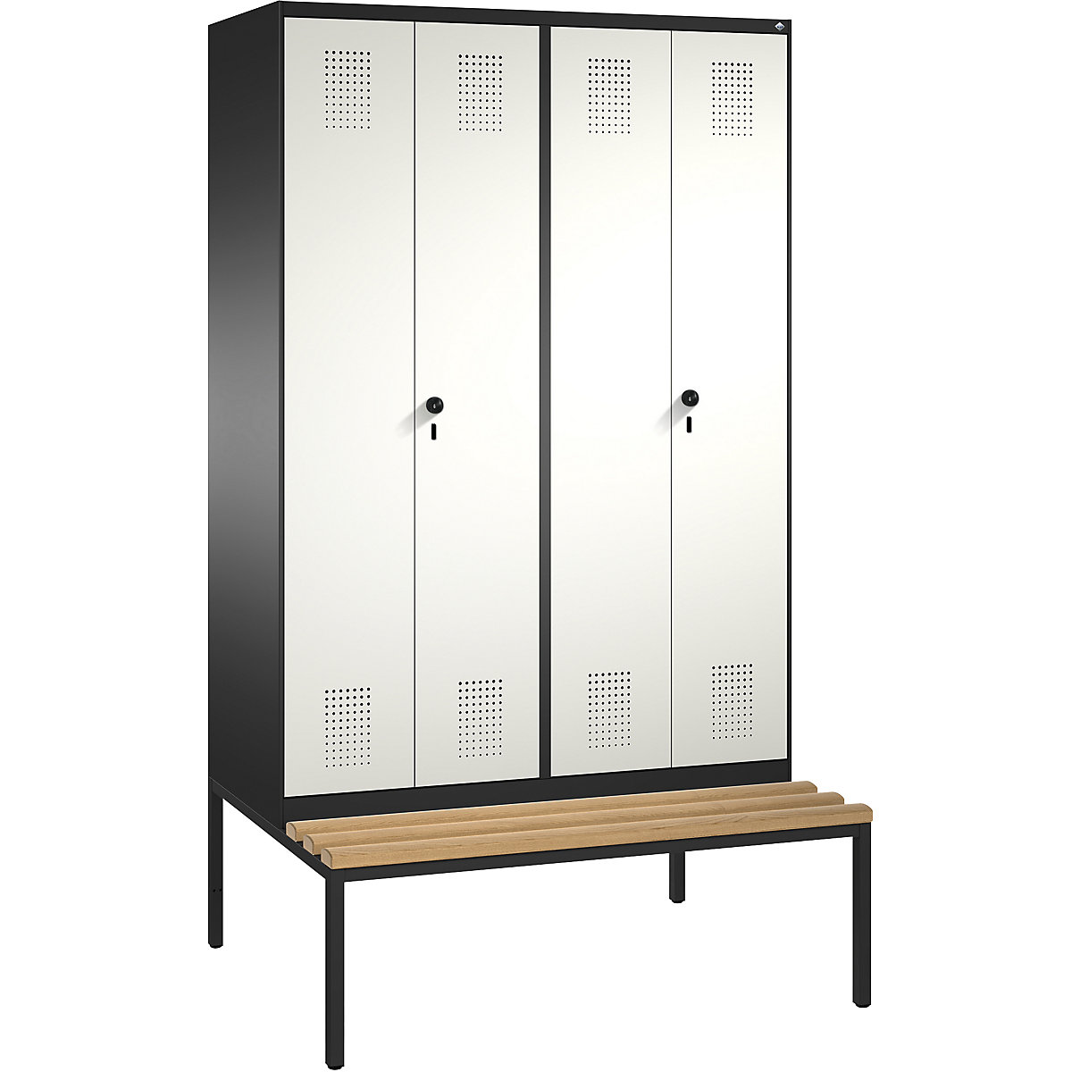 EVOLO cloakroom locker, doors close in the middle, with bench – C+P, 4 compartments, compartment width 300 mm, black grey / pure white-11
