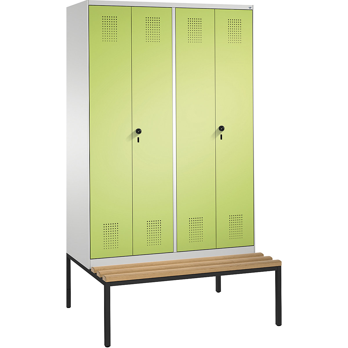 EVOLO cloakroom locker, doors close in the middle, with bench – C+P, 4 compartments, compartment width 300 mm, light grey / viridian green-4