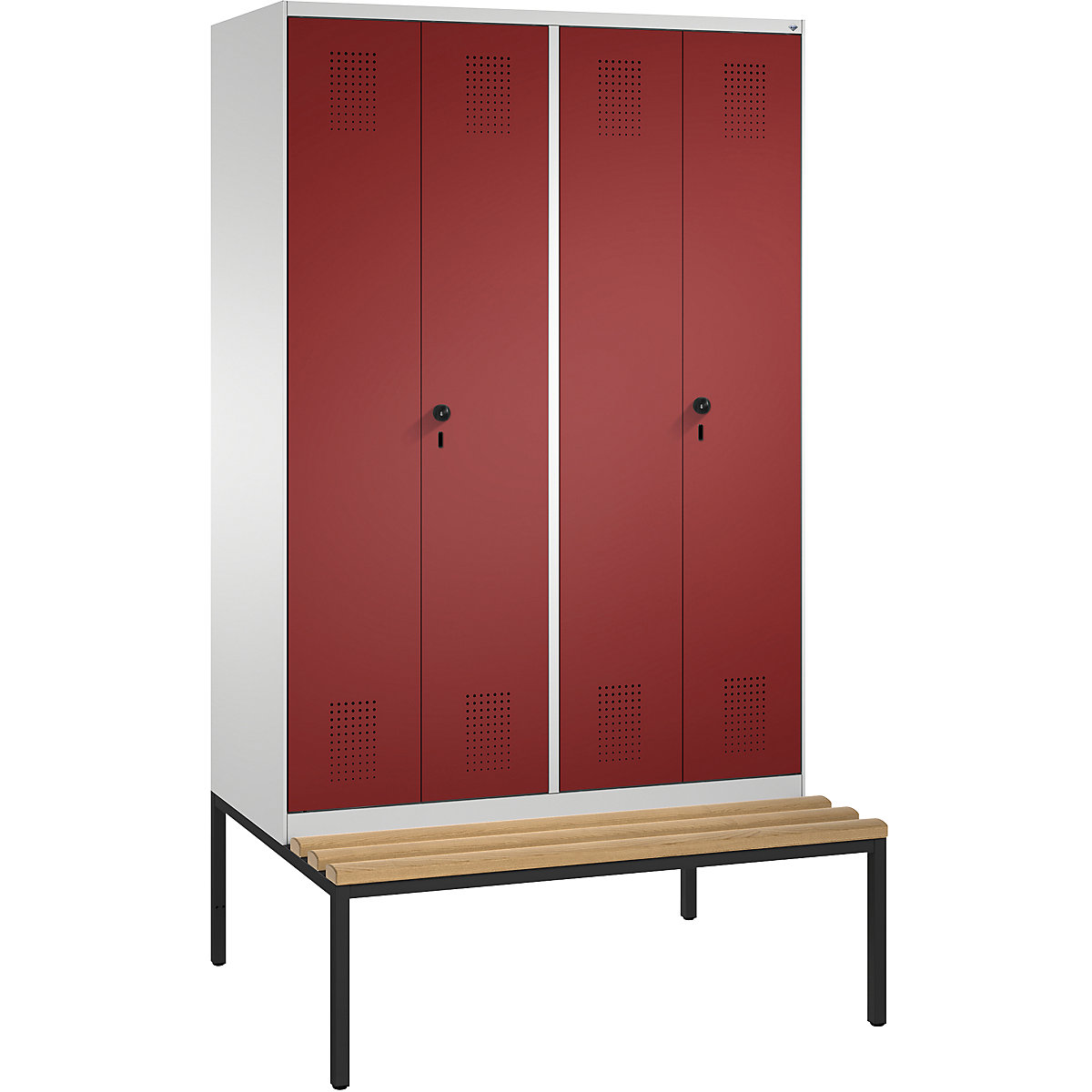 EVOLO cloakroom locker, doors close in the middle, with bench – C+P, 4 compartments, compartment width 300 mm, light grey / ruby red-5