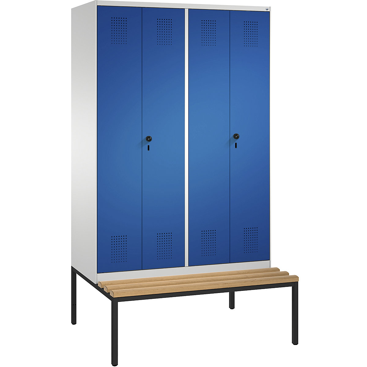 EVOLO cloakroom locker, doors close in the middle, with bench – C+P, 4 compartments, compartment width 300 mm, light grey / gentian blue-8