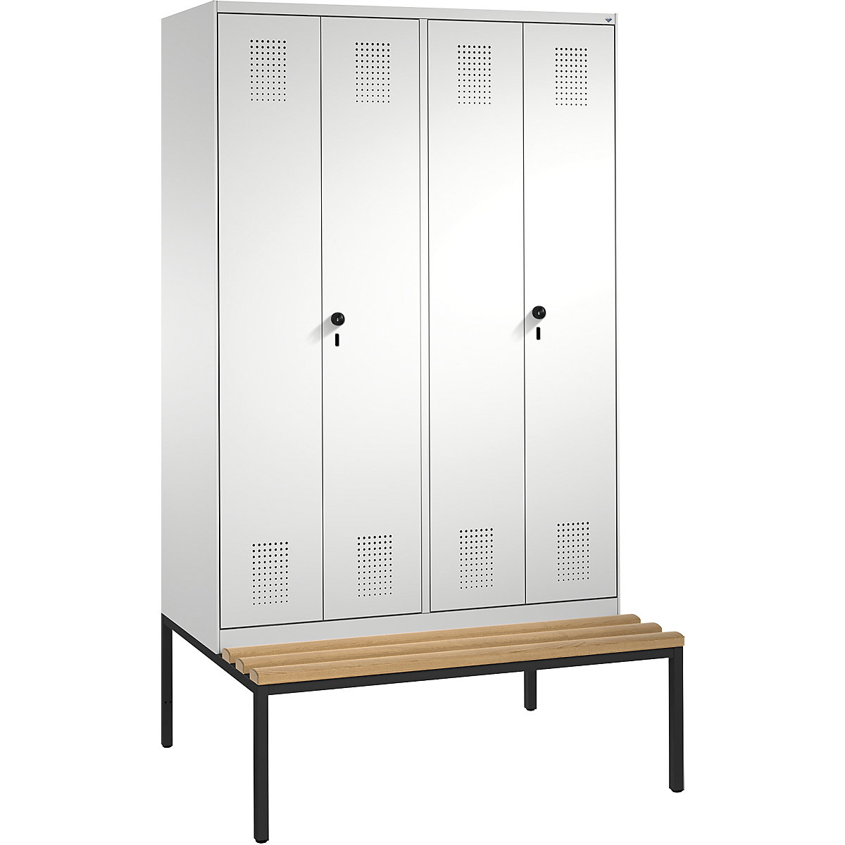 EVOLO cloakroom locker, doors close in the middle, with bench – C+P, 4 compartments, compartment width 300 mm, light grey-7