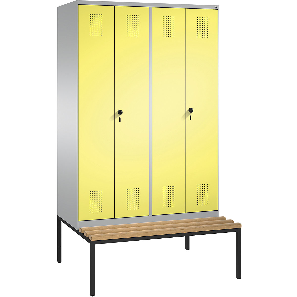EVOLO cloakroom locker, doors close in the middle, with bench – C+P, 4 compartments, compartment width 300 mm, white aluminium / sulphur yellow-15